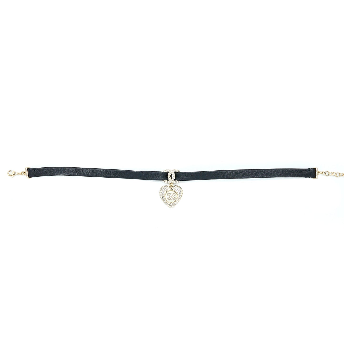 Chanel Crystal CC Logo Heart Chocker Pearl Black Gold Leather Handbag
