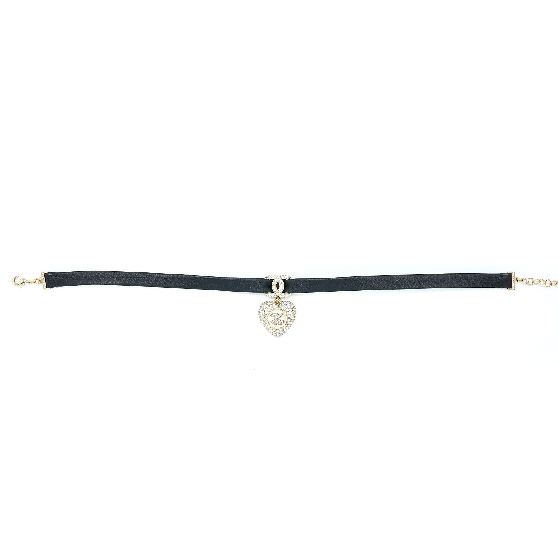 Chanel Crystal CC Logo Heart Chocker Pearl Black Gold Leather Handbag