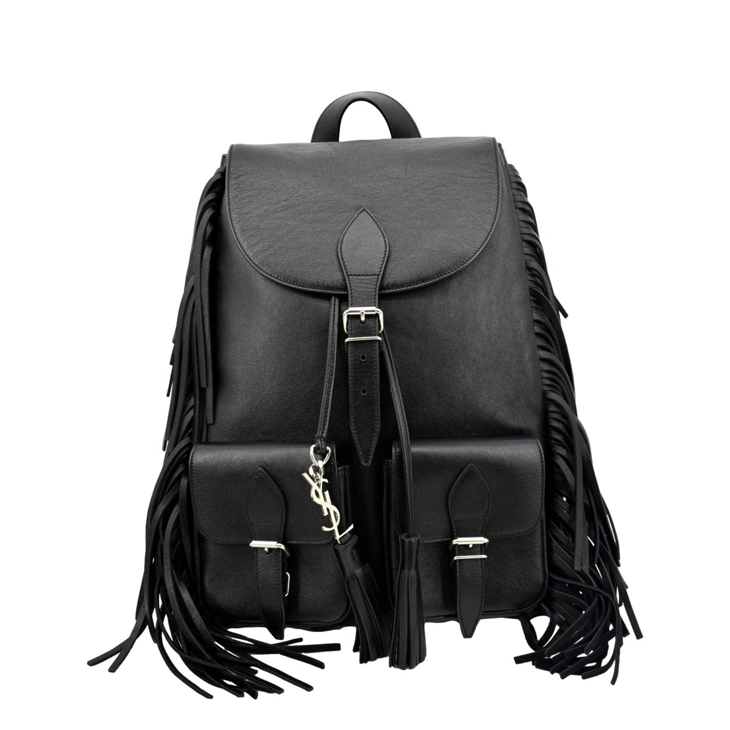 YSL Saint Laurent Yves Fringe Calfskin Backpack Bag Leather Black