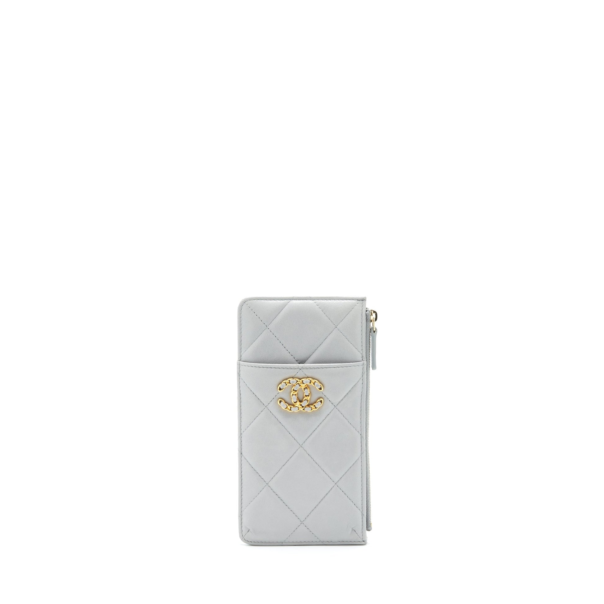 Chanel 19 Phone Card Holder Lambskin GHW Grey Small Wallet Case