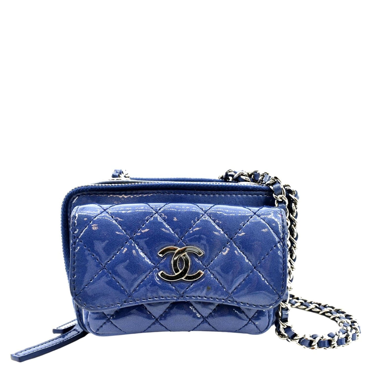 Chanel Pocket Box Quilted Patent Camera Leather Blue Travel Bag