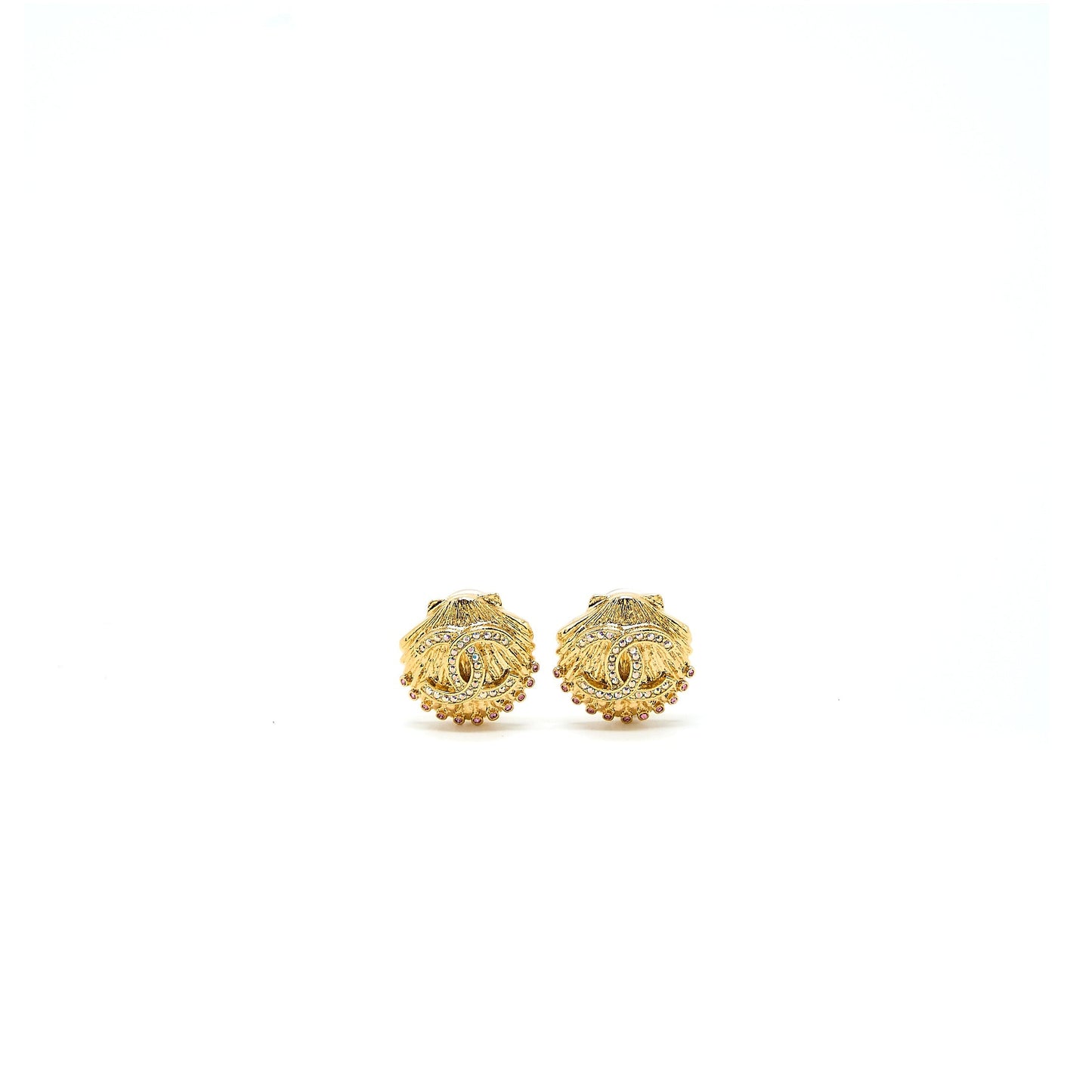 Chanel CC Logo Shell Earclips Crystal Tone Multicolour Gold Handbag