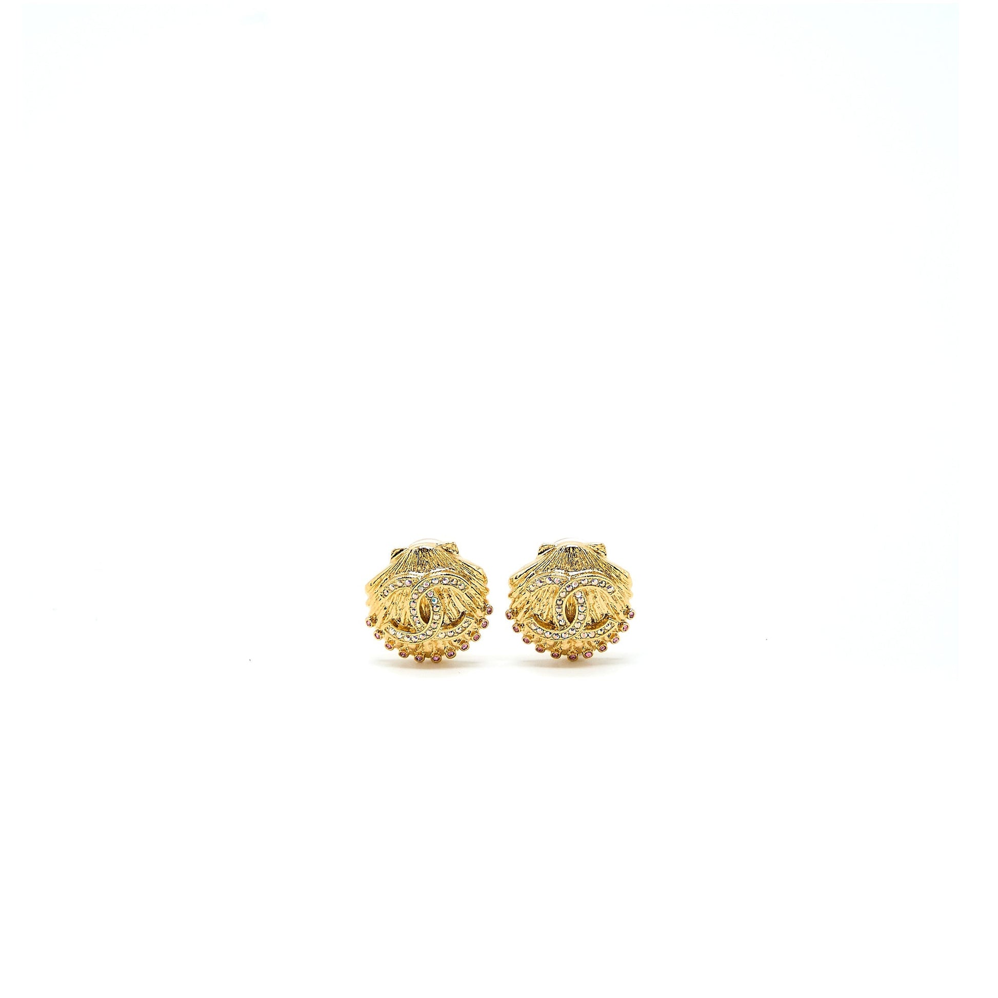 Chanel CC Logo Shell Earclips Crystal Tone Multicolour Gold Handbag