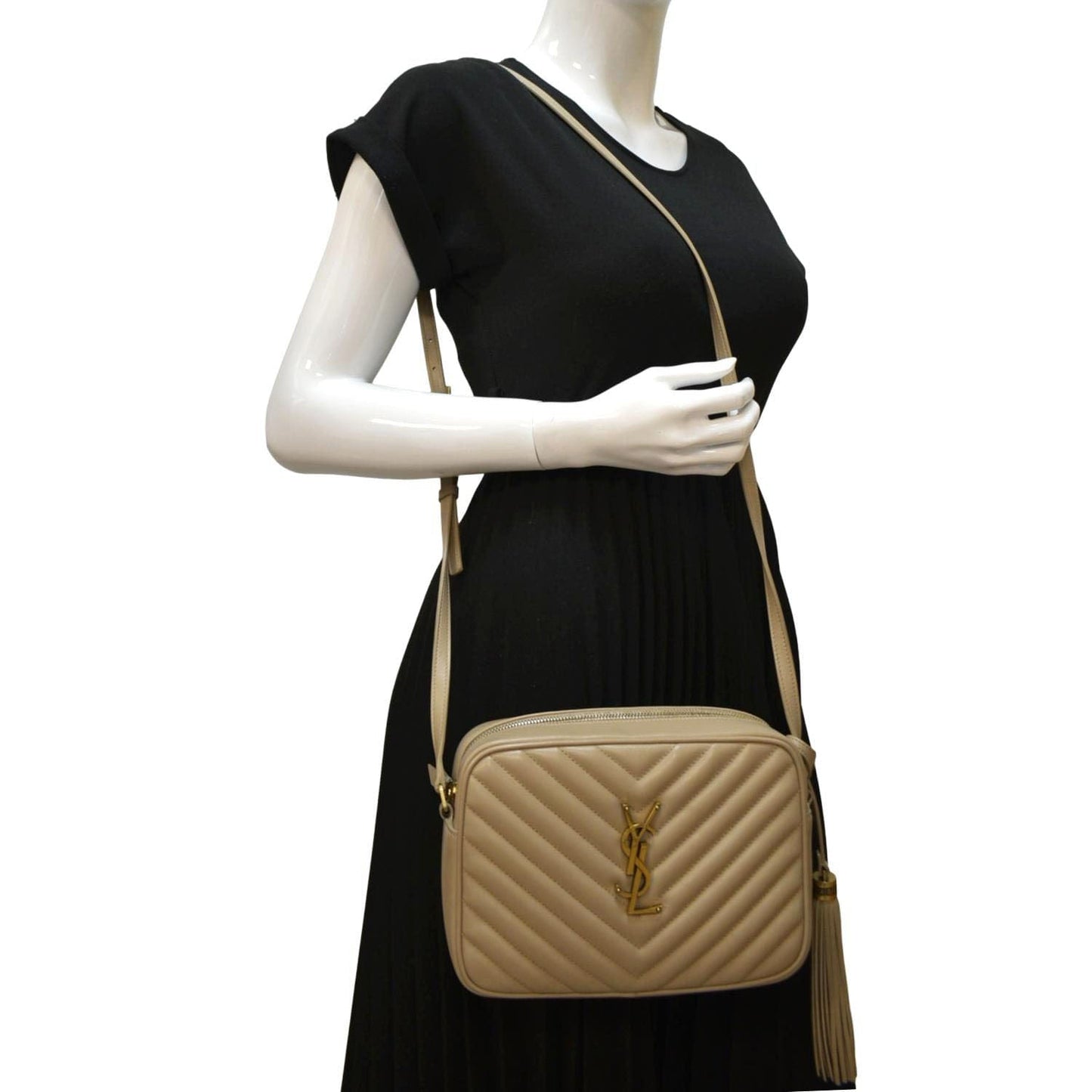 YSL Saint Laurent Yves Lou Chevron Camera Crossbody Bag Leather Beige