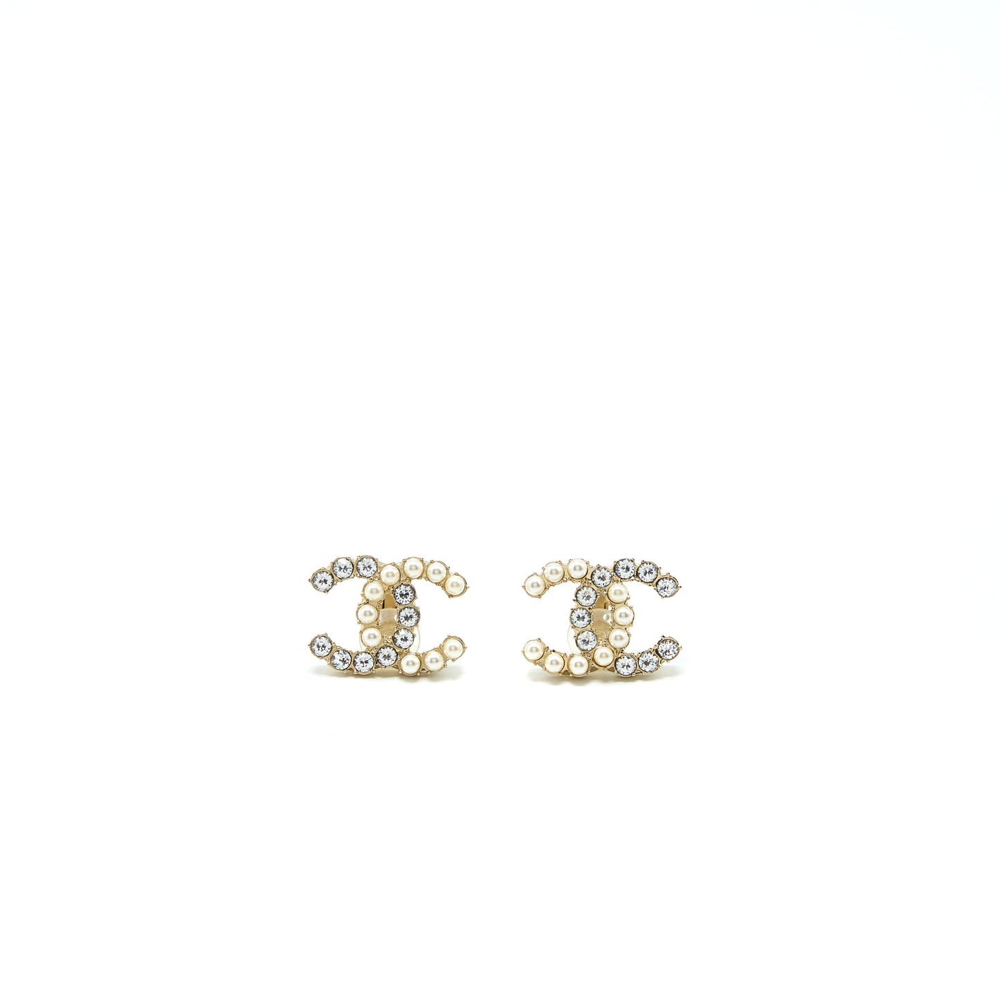 Chanel CC Logo Crystal Pearl Ear Clips Gold Handbag