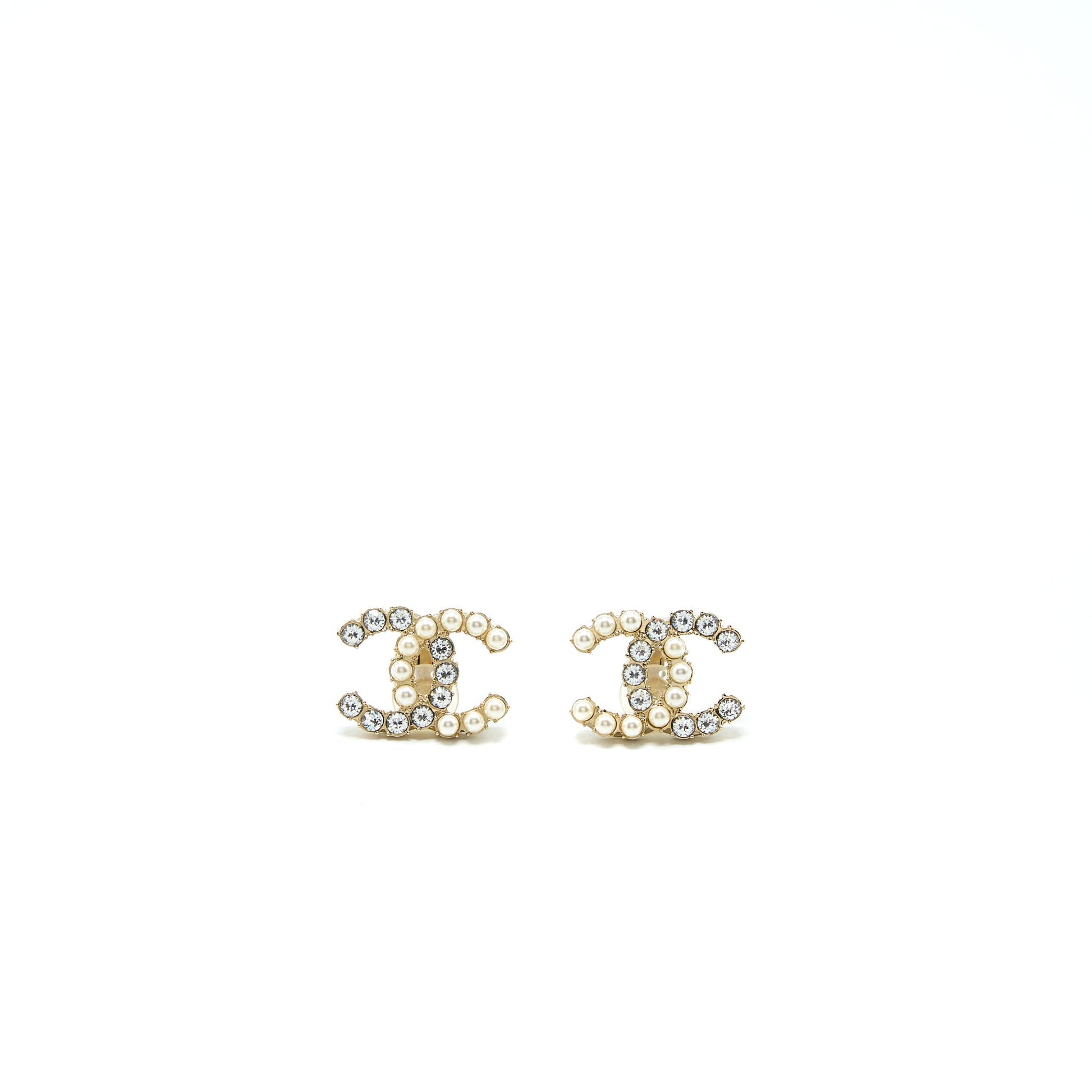 Chanel CC Logo Crystal Pearl Ear Clips Gold Handbag