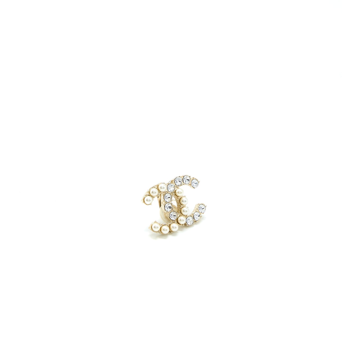 Chanel CC Logo Crystal Pearl Ear Clips Gold Handbag