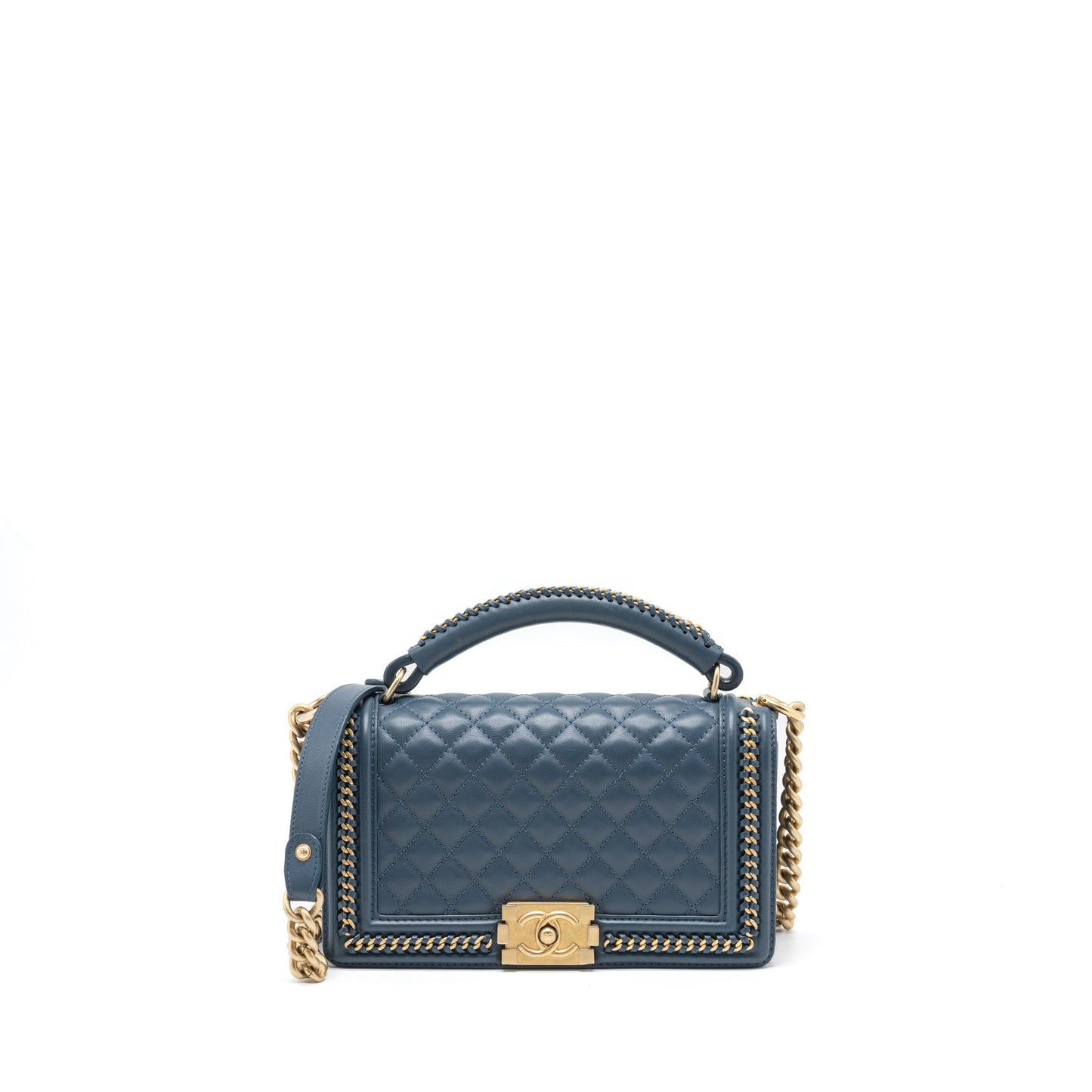Chanel Top Handle Boy Lambskin Dark Brushed Blue Handbag