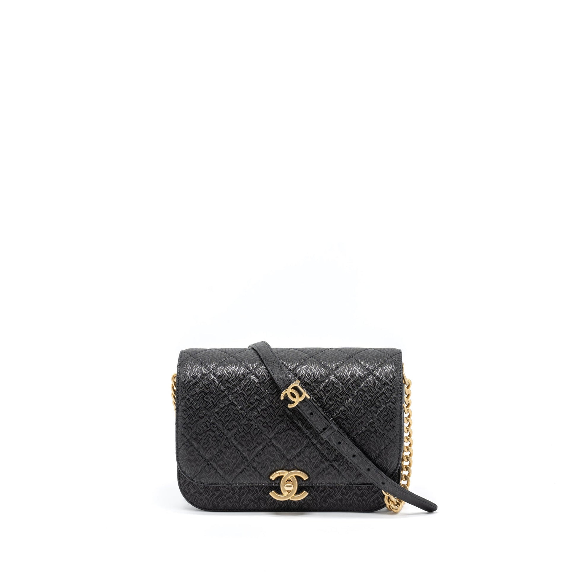 Chanel Messenger Caviar Brushed GHW Microchip Black Messenger Bag