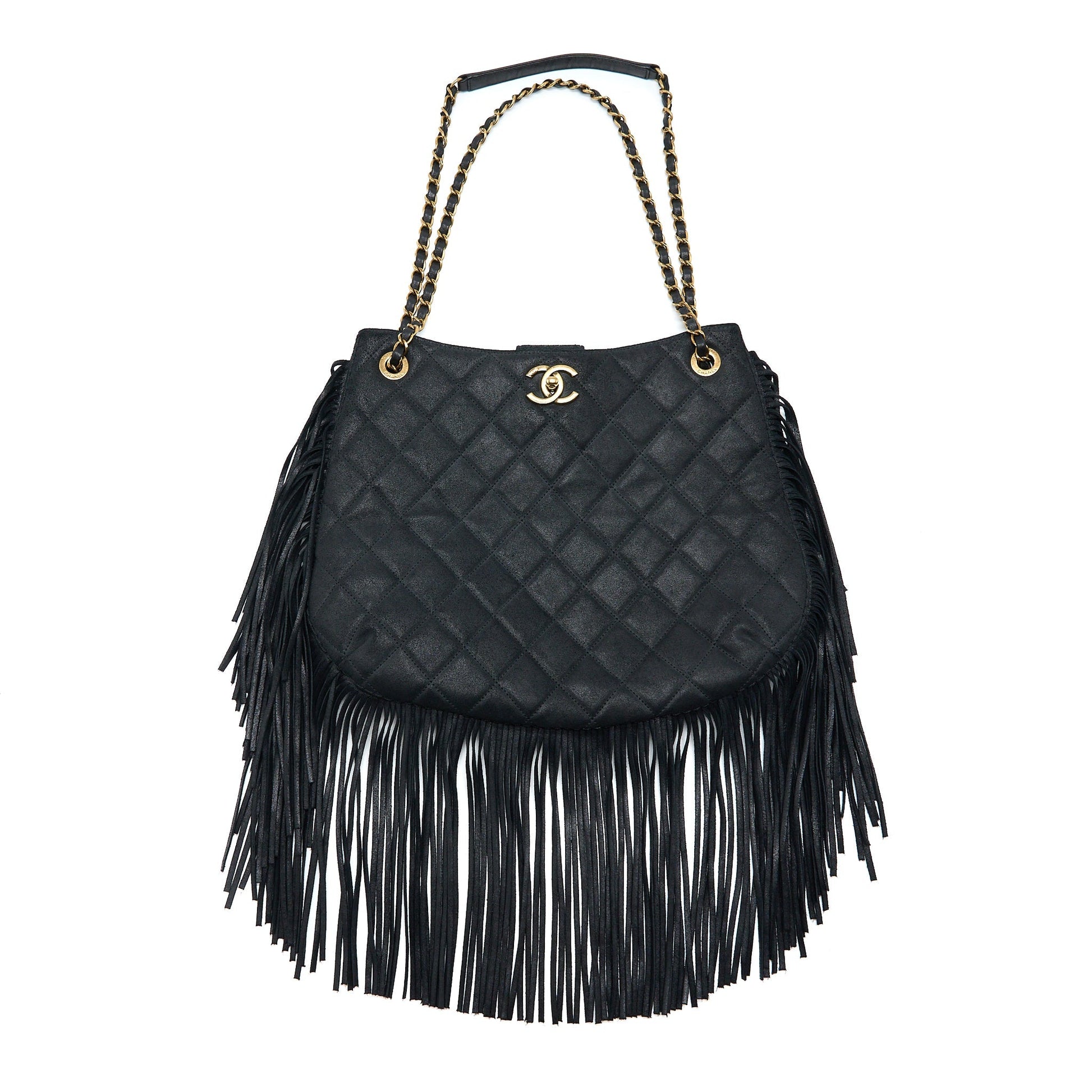 Chanel Tassel Hobo Fringed Shiny Calfskin Brushed Black Jewelry