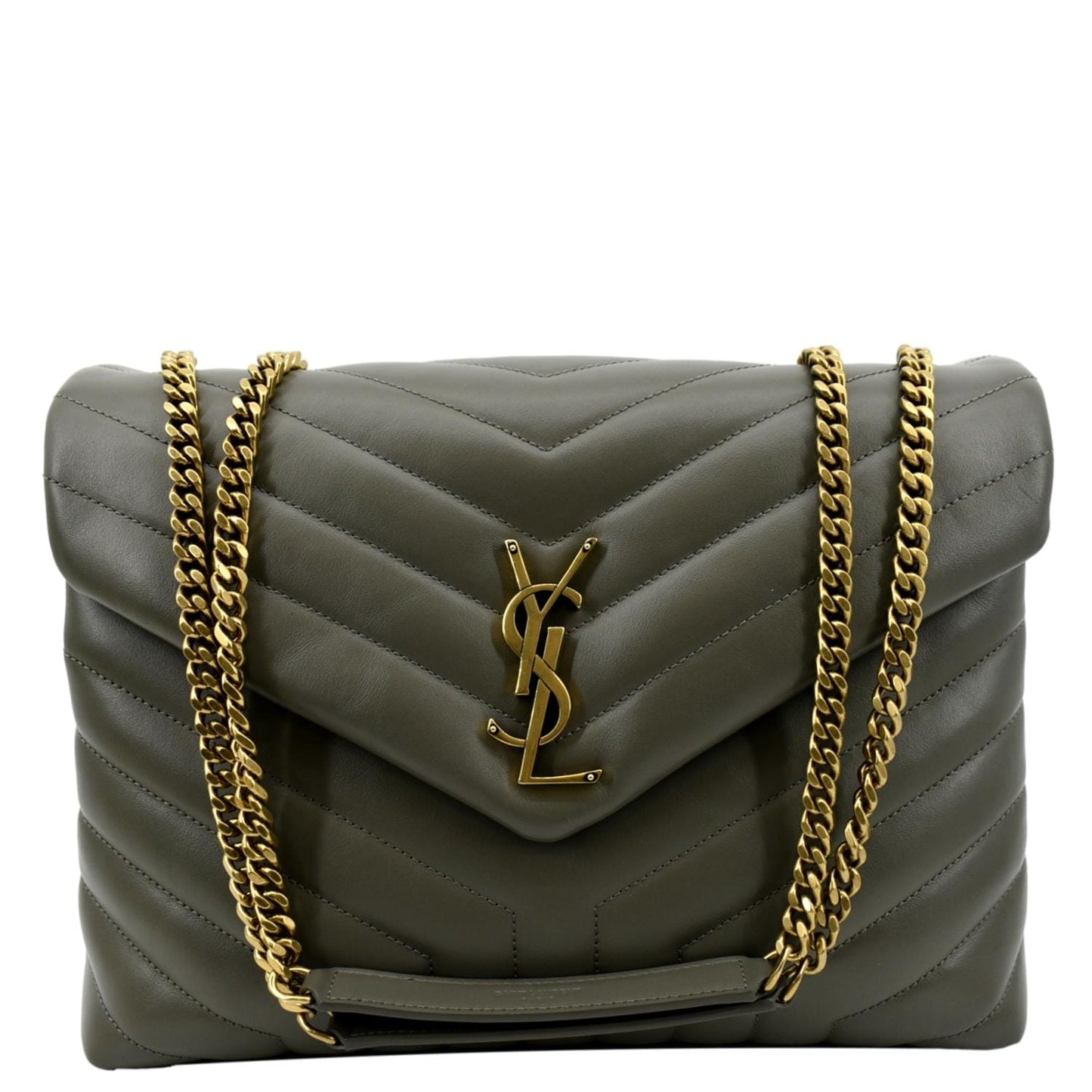 YSL Saint Laurent Saint Loulou Chain Shoulder Bag Neutral Grey Leather Matelasse