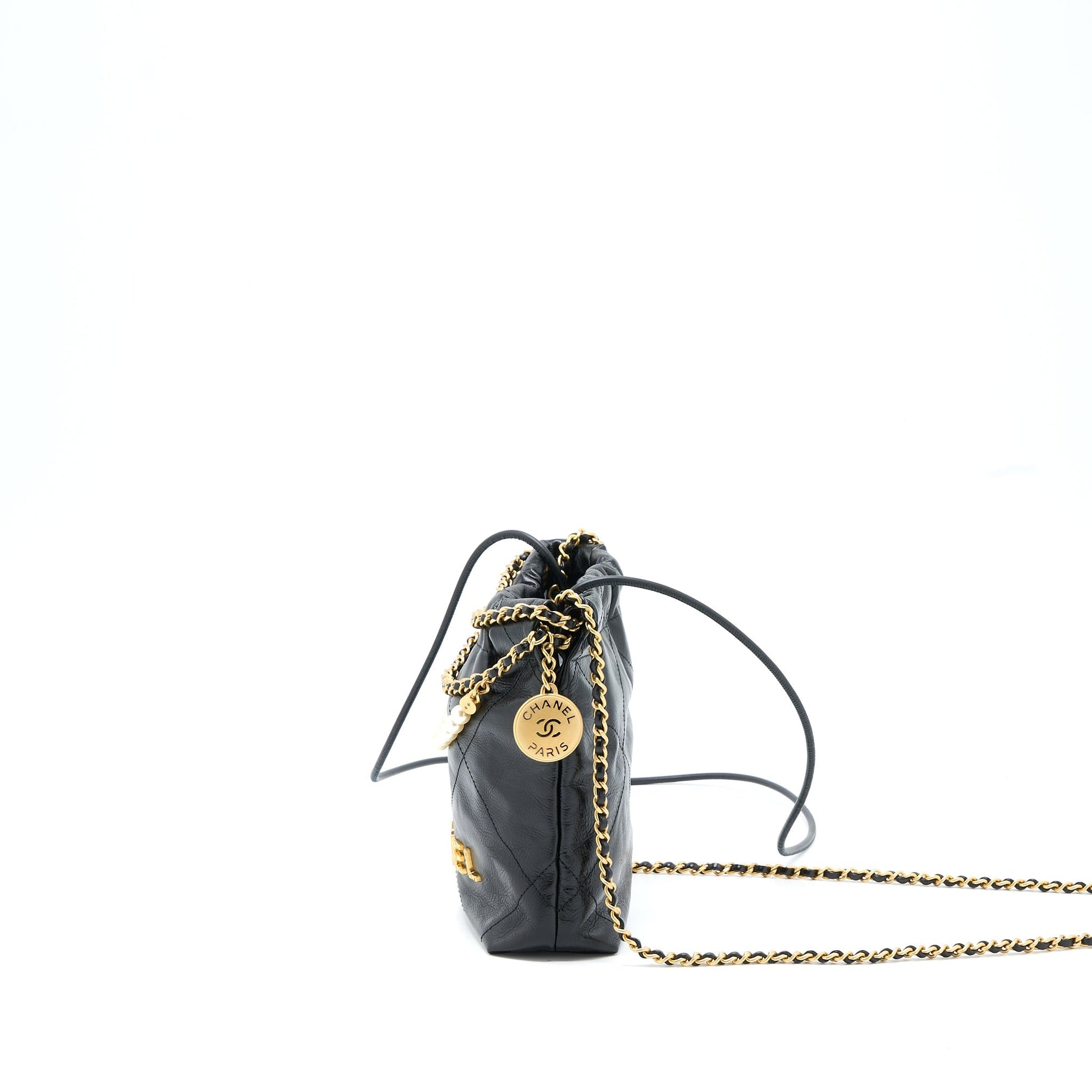 Chanel 23S 22 Pearl Shiny Calfskin GHW Black Mini Bag