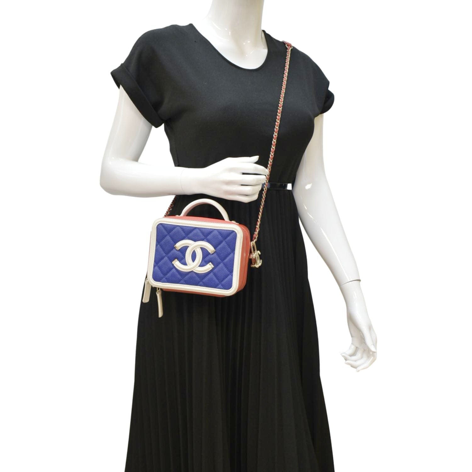 Chanel Filigree Quilted Caviar Top Handle Leather Blue Travel Bag