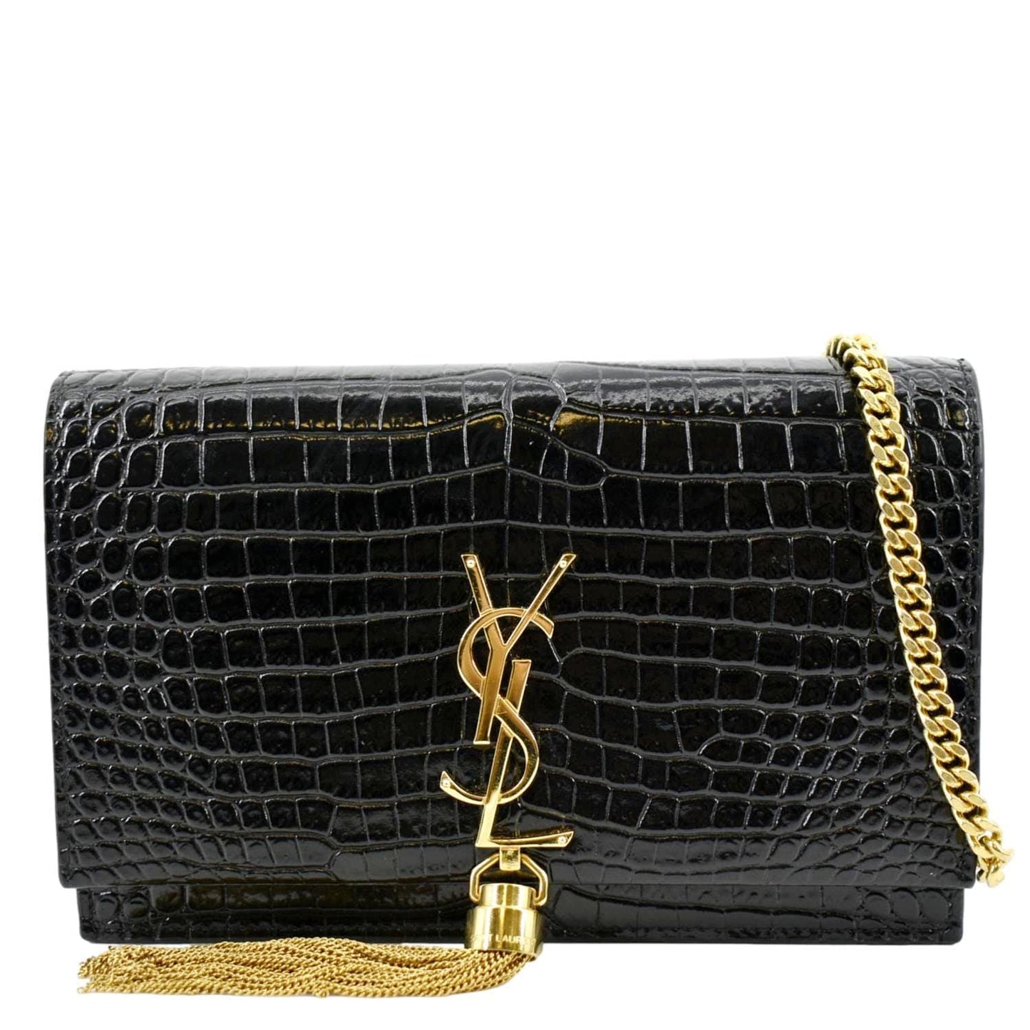 YSL Saint Laurent Yves Kate Crocodile Shoulder Bag Leather Patent Black