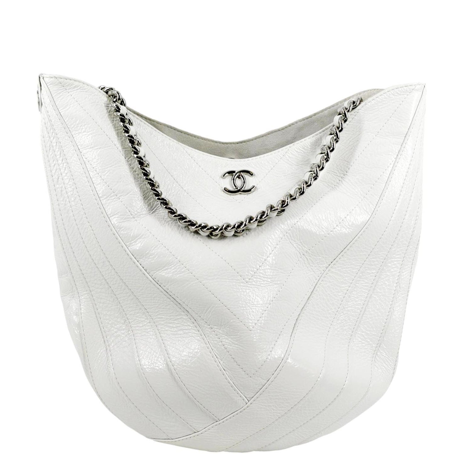 Chanel Droplet Patent Hobo Leather White Travel Bag