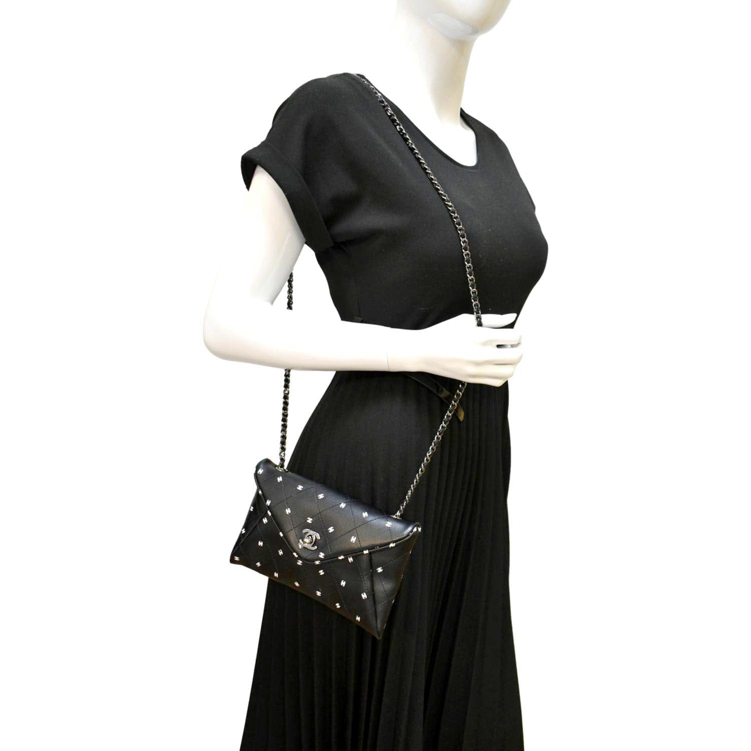 Chanel Cc Envelope Printed Lambskin Leather Chain Clutch Bag Black