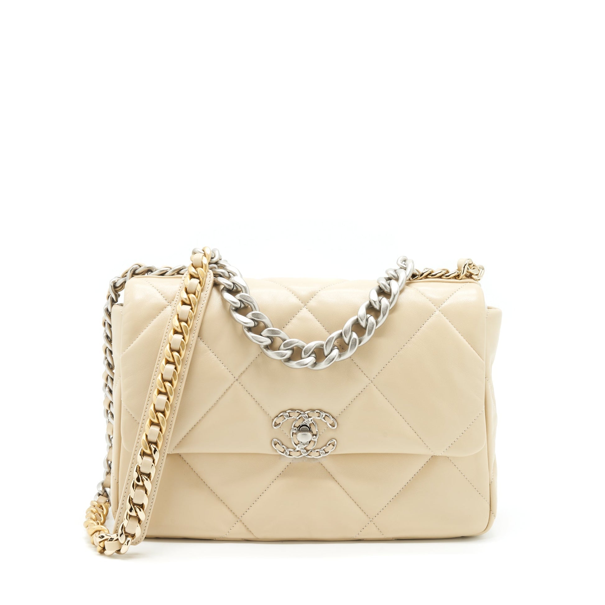 Chanel 19 Quilted Goatskin Light Hardware Microchip Gold Silver Beige Leather Handbag