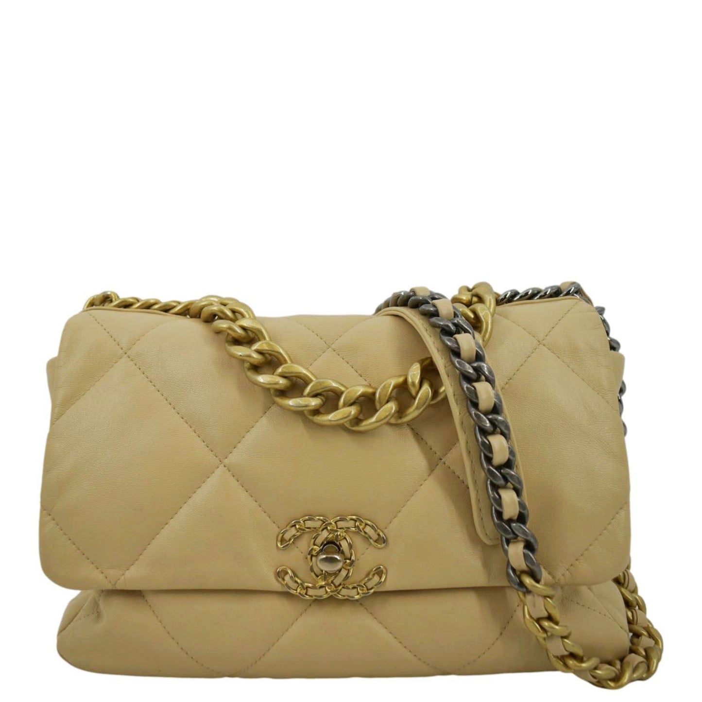 Chanel 19 Flap Quilted Leather Lambskin Beige Travel Bag