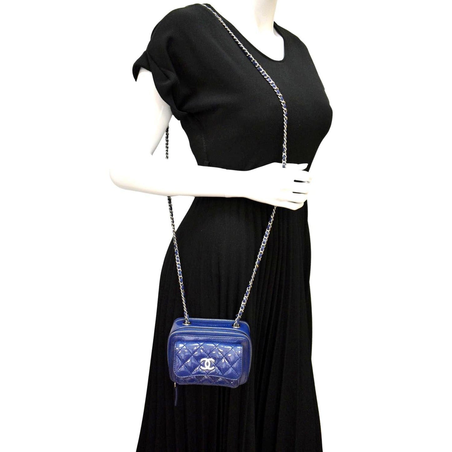 Chanel Pocket Box Quilted Patent Camera Leather Blue Travel Bag
