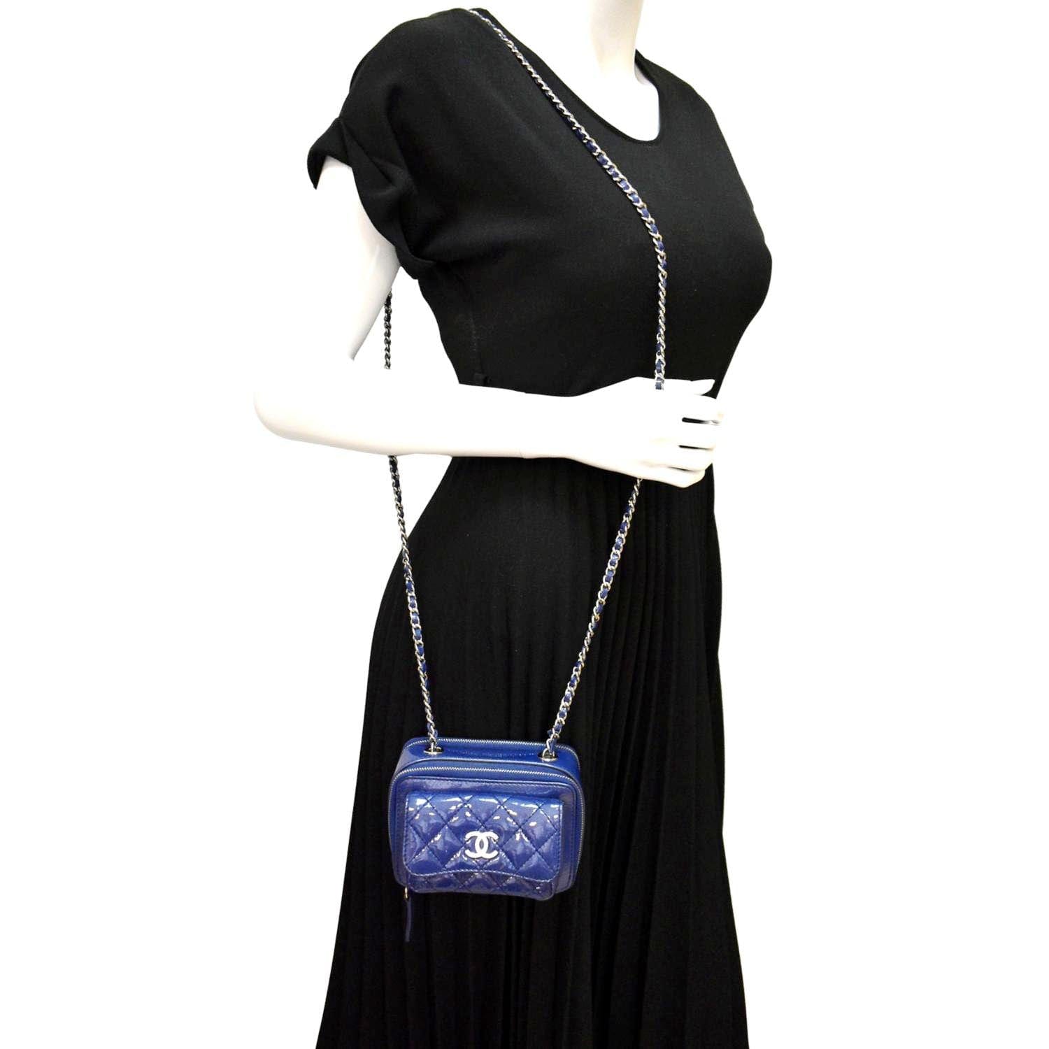Chanel Pocket Box Quilted Patent Camera Leather Blue Travel Bag