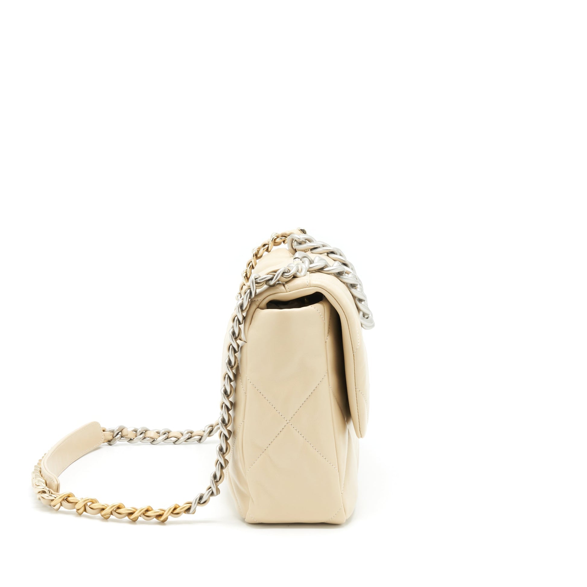 Chanel 19 Quilted Goatskin Light Hardware Microchip Gold Silver Beige Leather Handbag