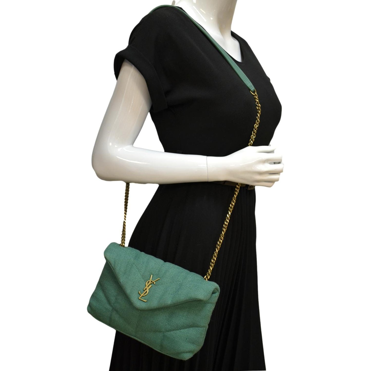 YSL Saint Laurent Yves Loulou Puffer Crossbody Bag Light Canvas Quilted Green