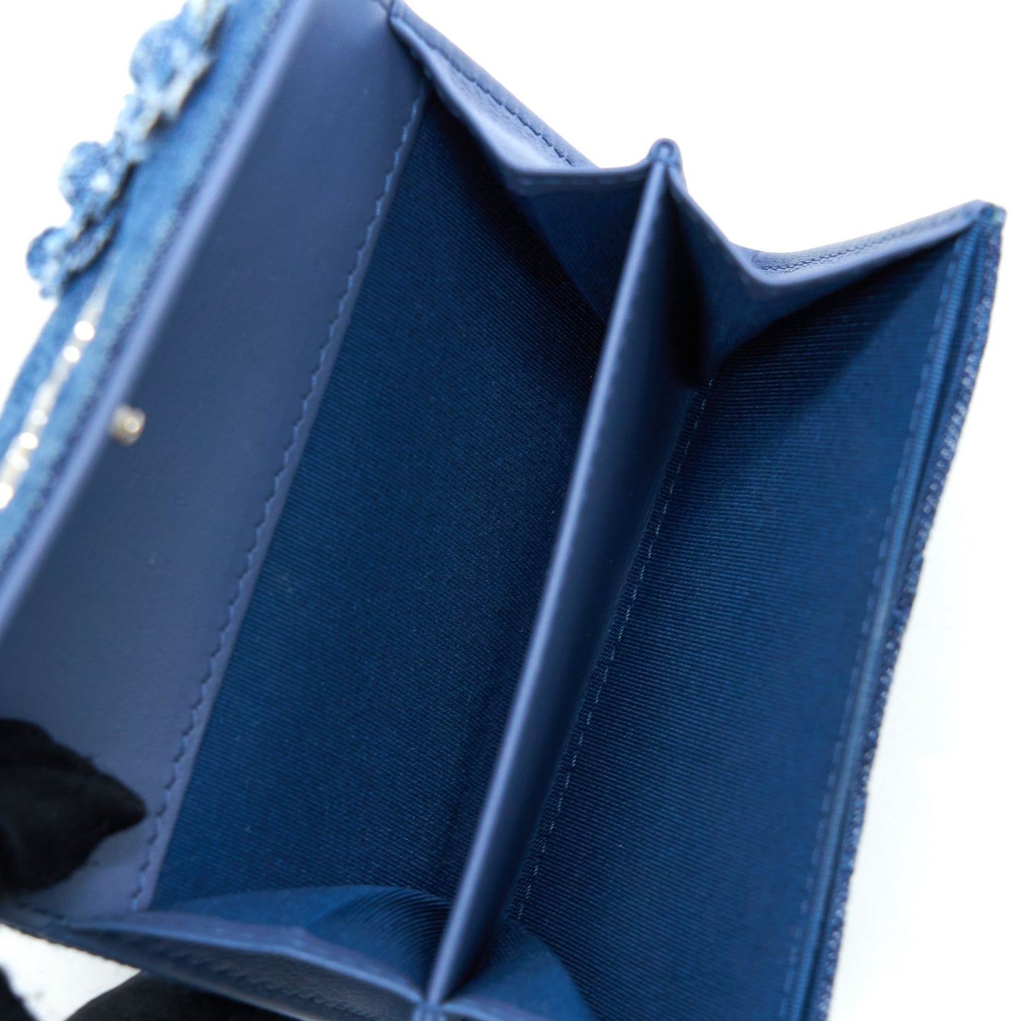Chanel Flap Card Holder Camellia Denim SHW Blue Wallet Case