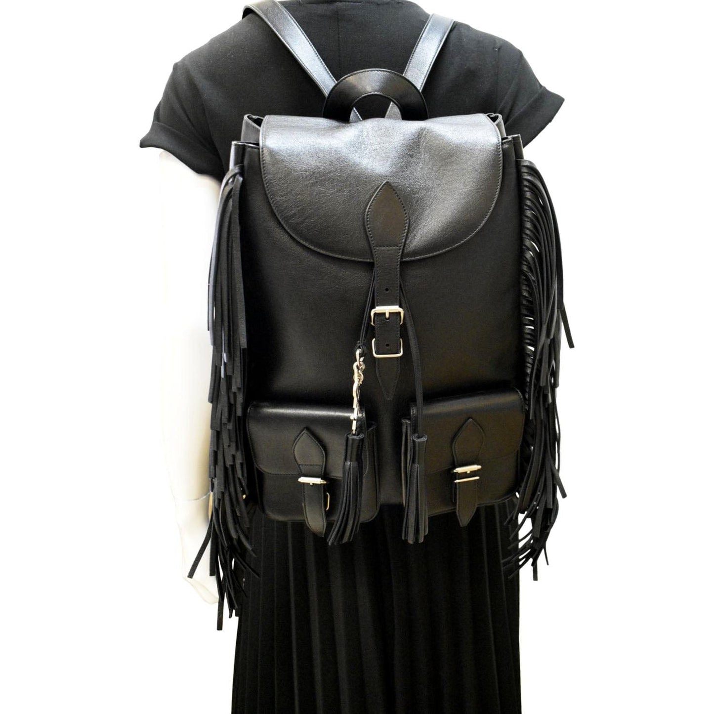 YSL Saint Laurent Yves Fringe Calfskin Backpack Bag Leather Black