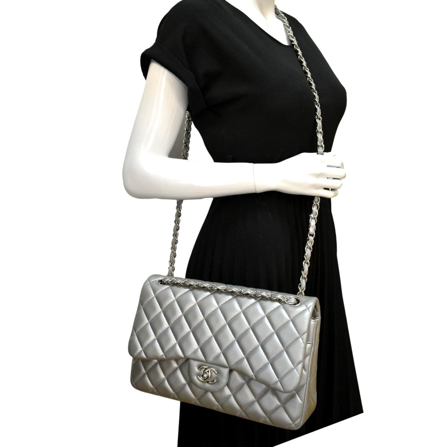 Louis Vuitton CHANEL Jumbo Flap Quilted Leather Silver Travel Bag