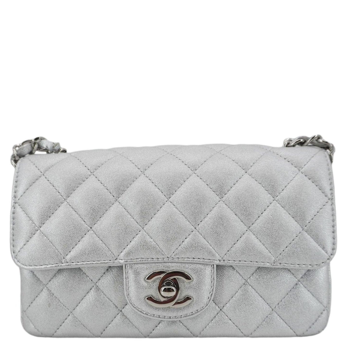Louis Vuitton CHANEL Rectangular Flap Leather Lambskin Silver Travel Bag