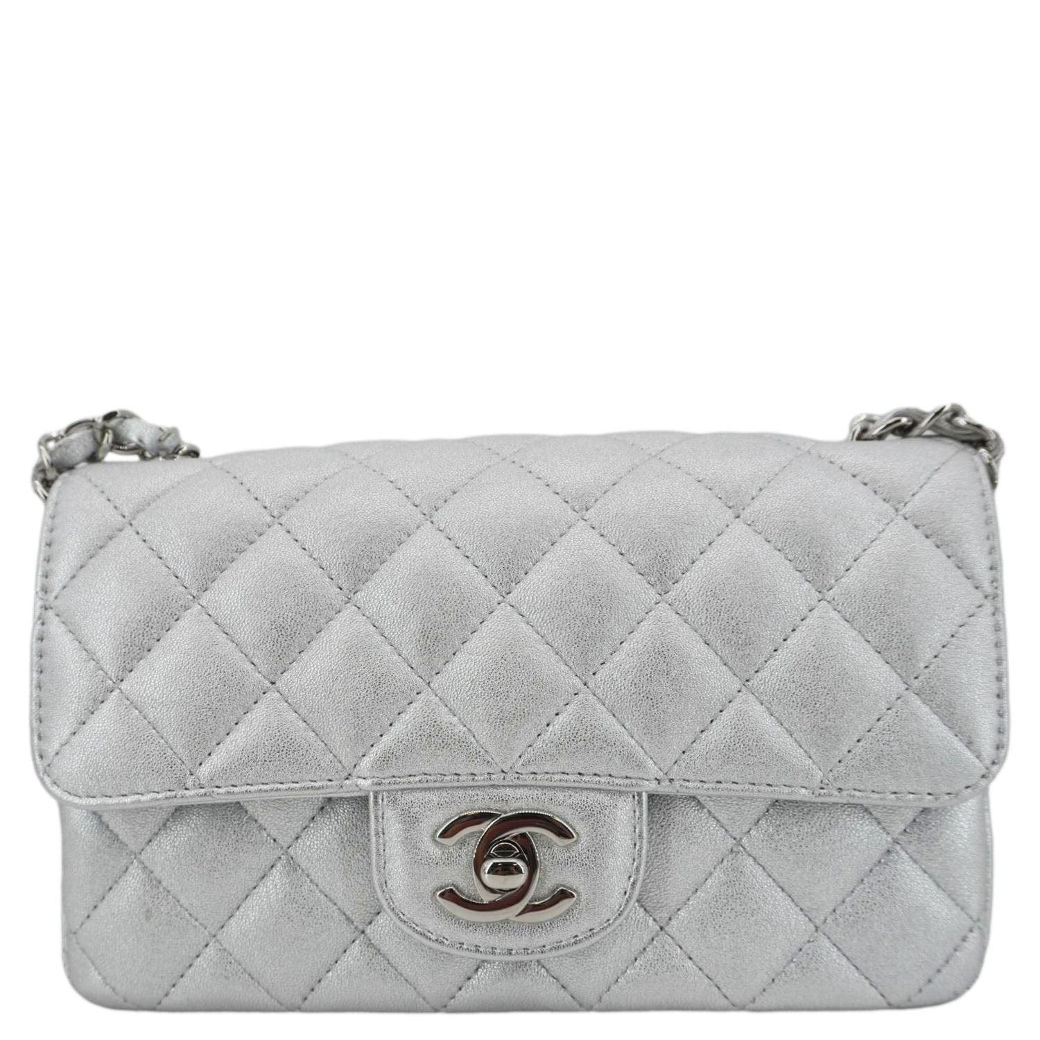 Louis Vuitton CHANEL Rectangular Flap Leather Lambskin Silver Travel Bag
