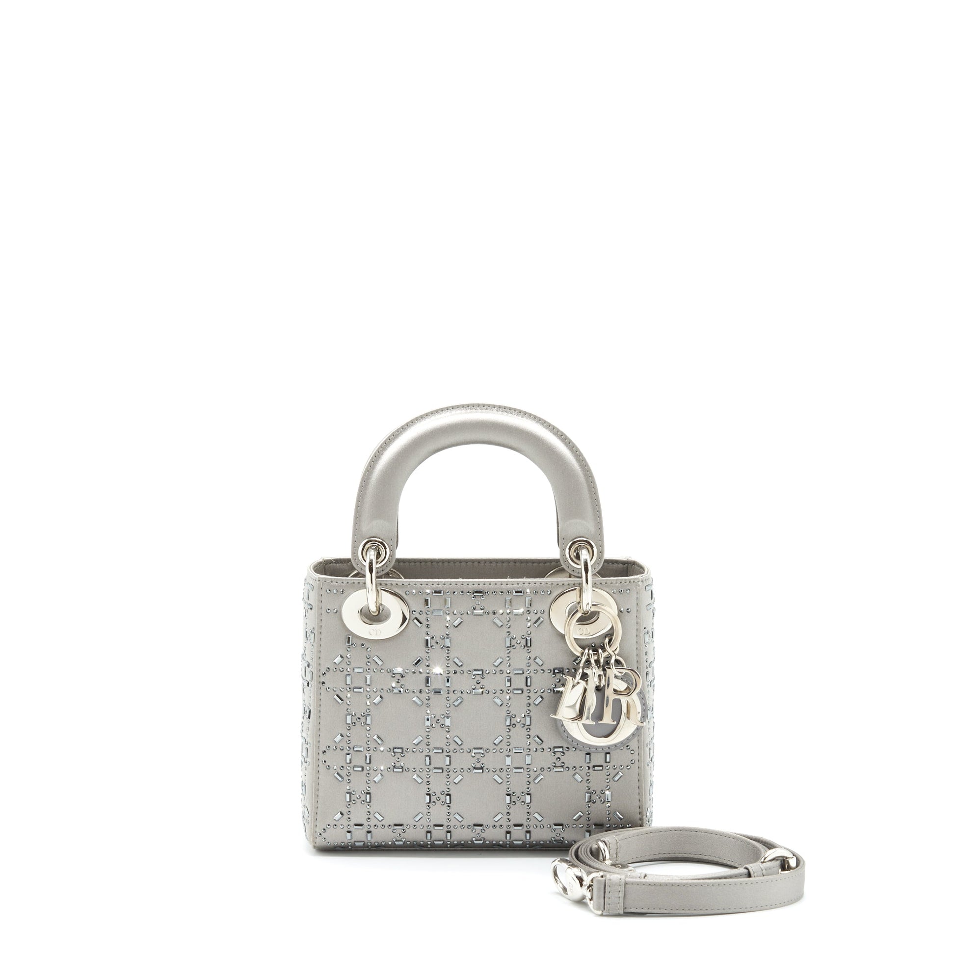 Dior Lady Crystal Cannage Grey Handbag Satin Mini Travel Bag