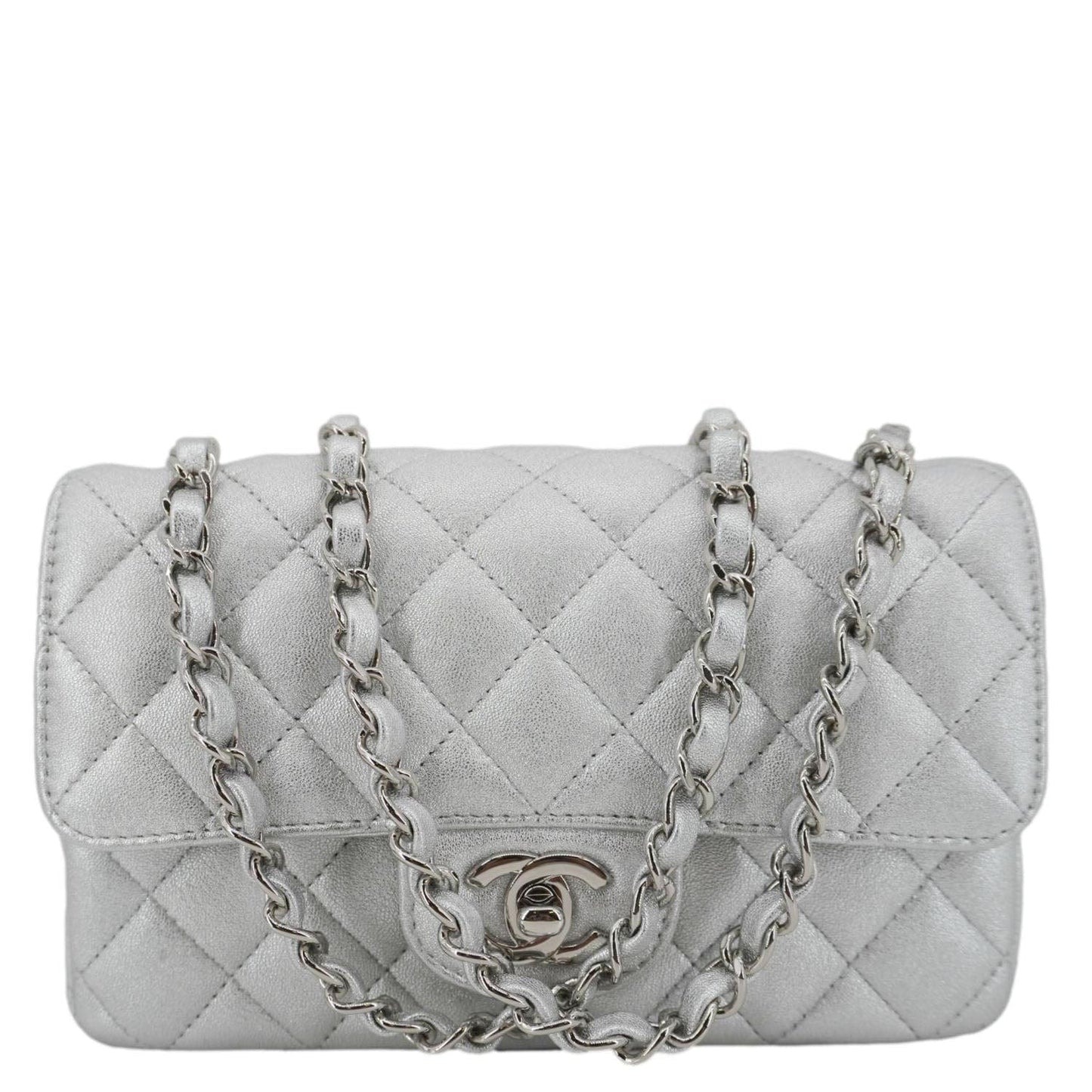 Louis Vuitton CHANEL Rectangular Flap Leather Lambskin Silver Travel Bag