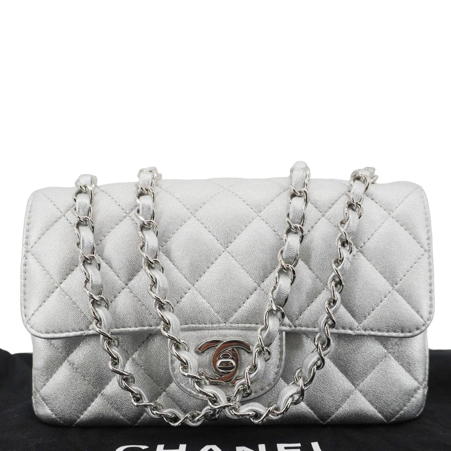 Louis Vuitton CHANEL Rectangular Flap Leather Lambskin Silver Travel Bag