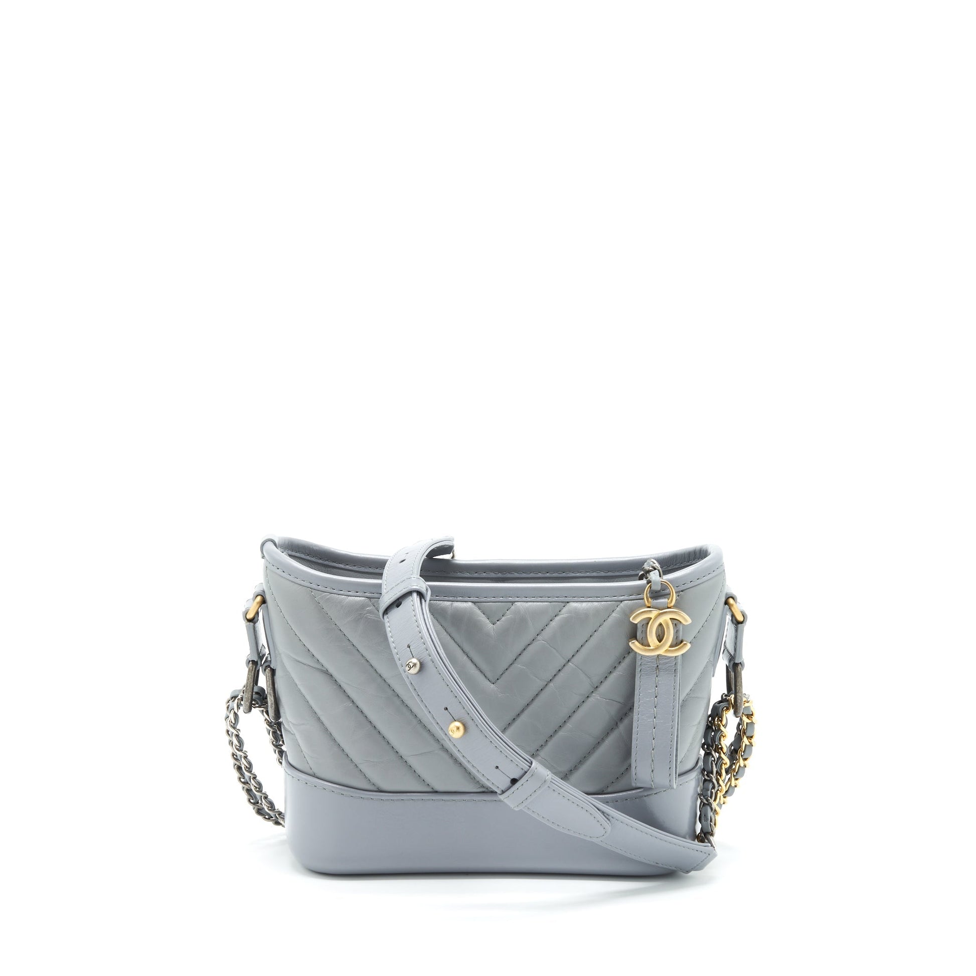 Chanel Gabrielle Hobo Chevron Aged Calfskin Ruthenium Gold Silver Small Shoulder Bag
