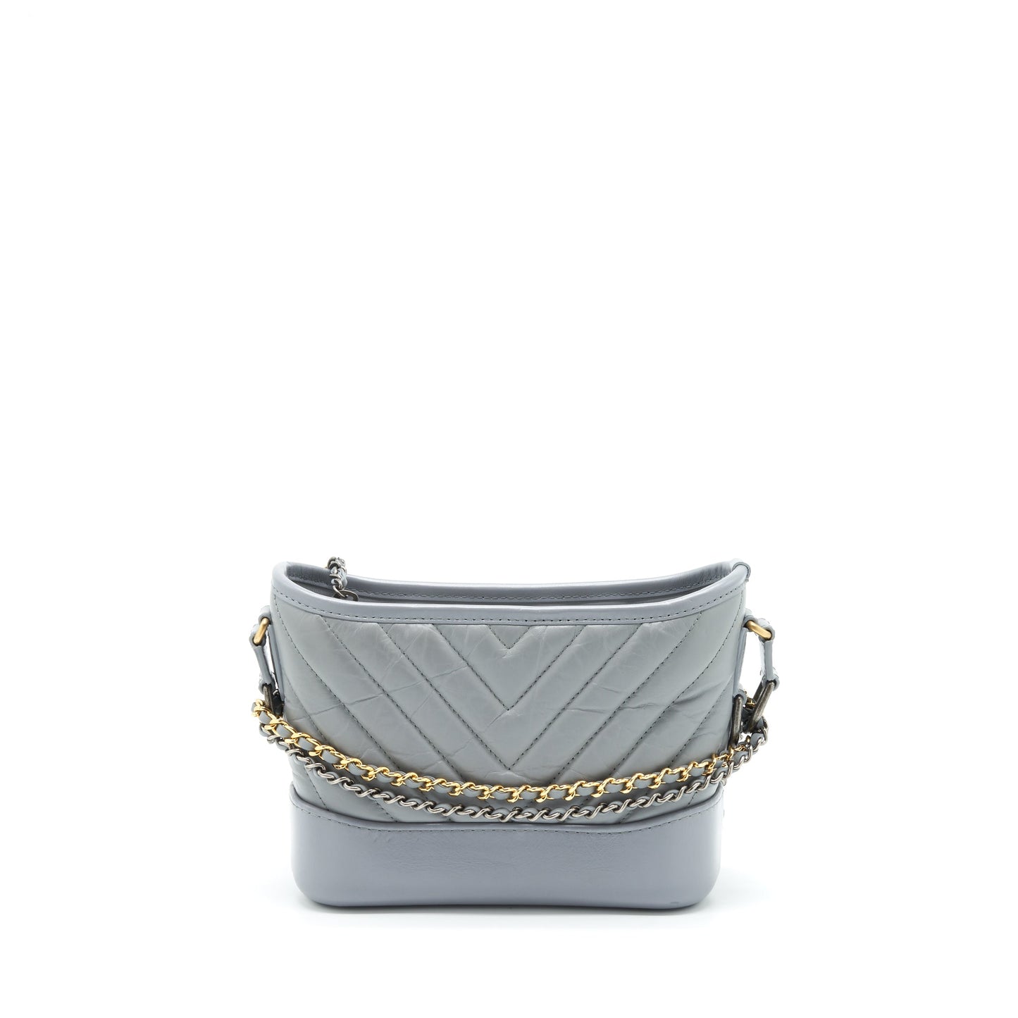 Chanel Gabrielle Hobo Chevron Aged Calfskin Ruthenium Gold Silver Small Shoulder Bag