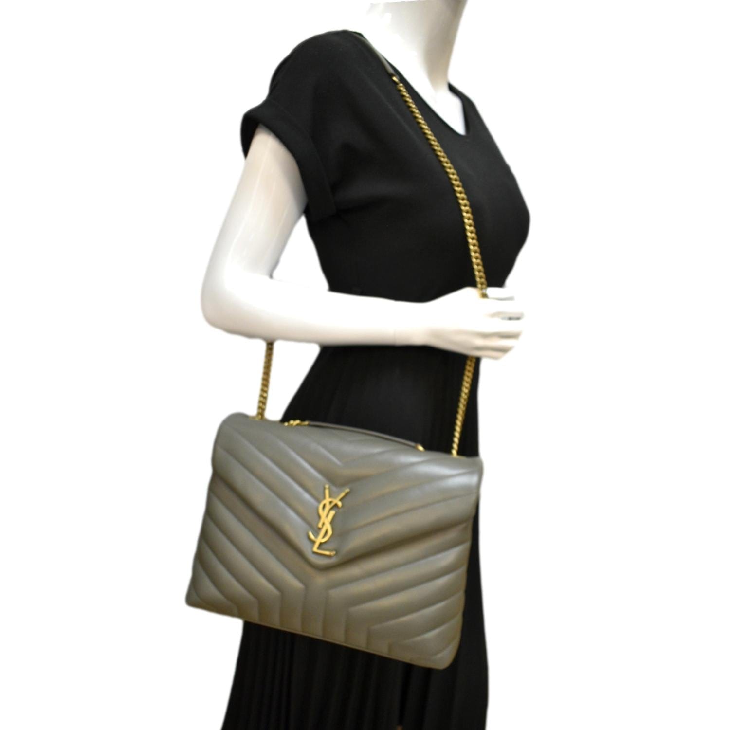 YSL Saint Laurent Saint Loulou Chain Shoulder Bag Neutral Grey Leather Matelasse
