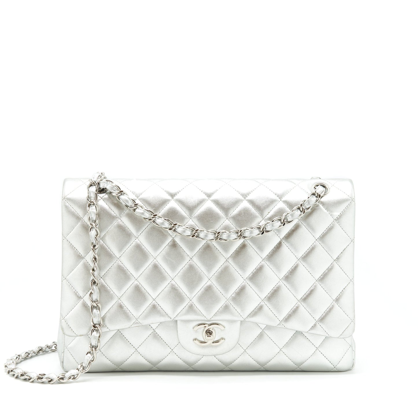Chanel Maxi Classic Double Flap Lambskin Sliver Shoulder Bag