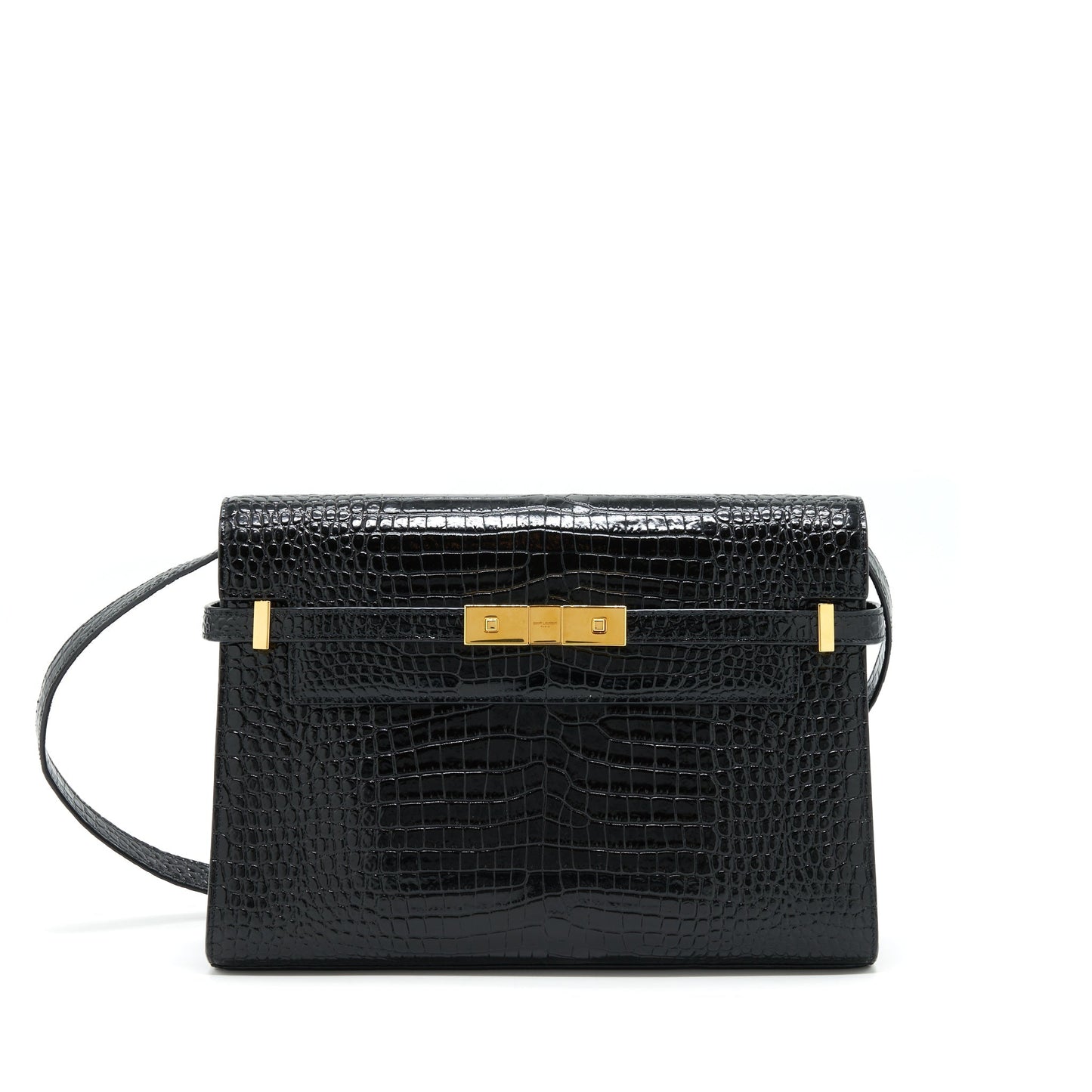 YSL Saint Laurent Manhattan Purse Shiny Crocodile Embossed Shoulder Bag Black
