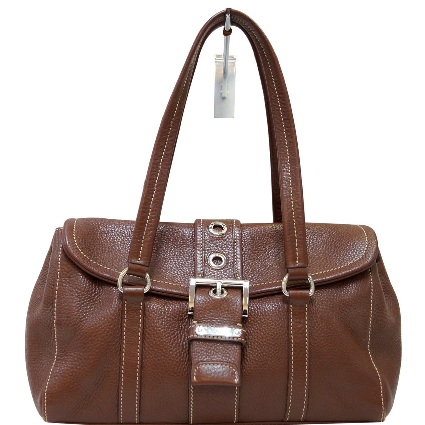 Prada Grommet Shoulder Bag Leather Brown