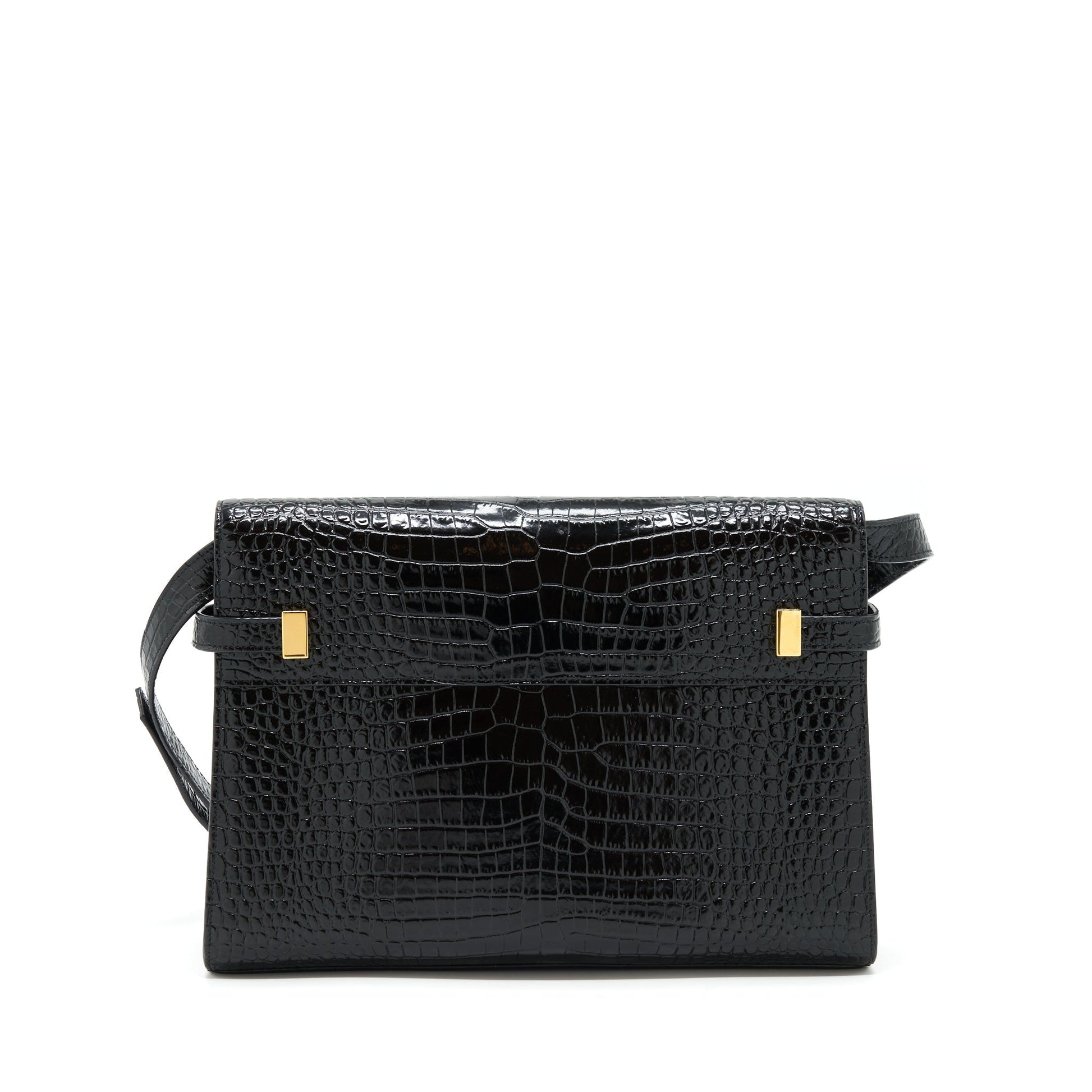 YSL Saint Laurent Manhattan Purse Shiny Crocodile Embossed Shoulder Bag Black