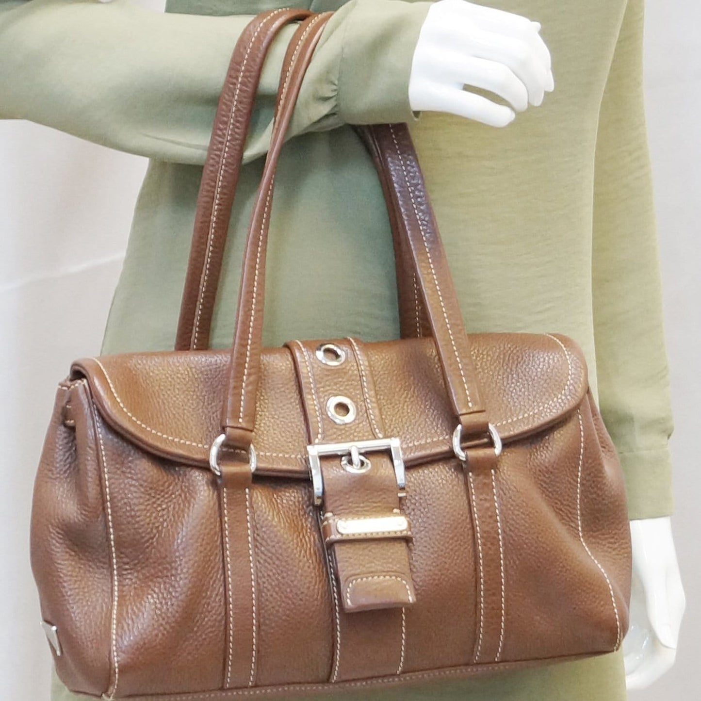 Prada Grommet Shoulder Bag Leather Brown