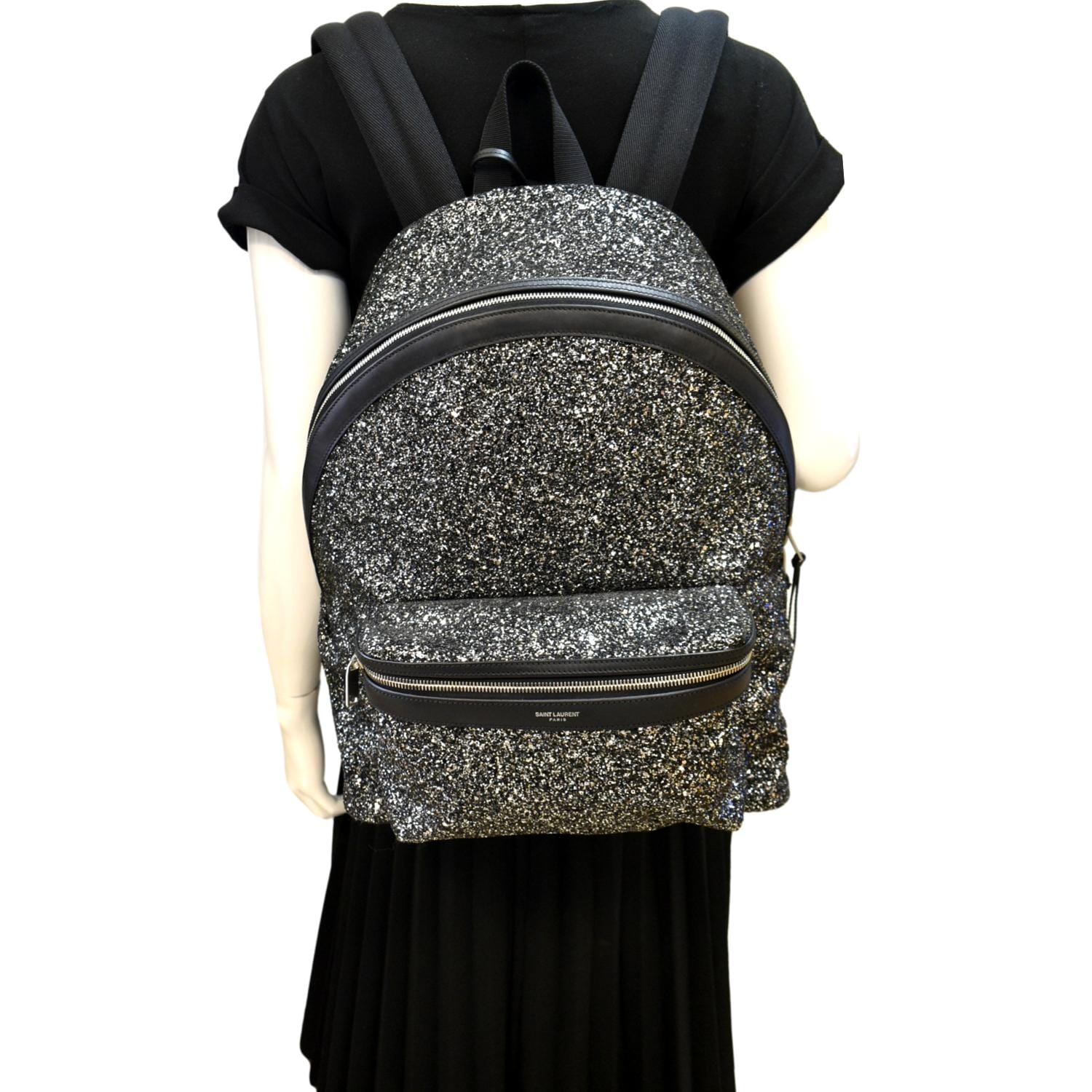 YSL Saint Laurent Saint City Glitter Backpack Bag Canvas Black