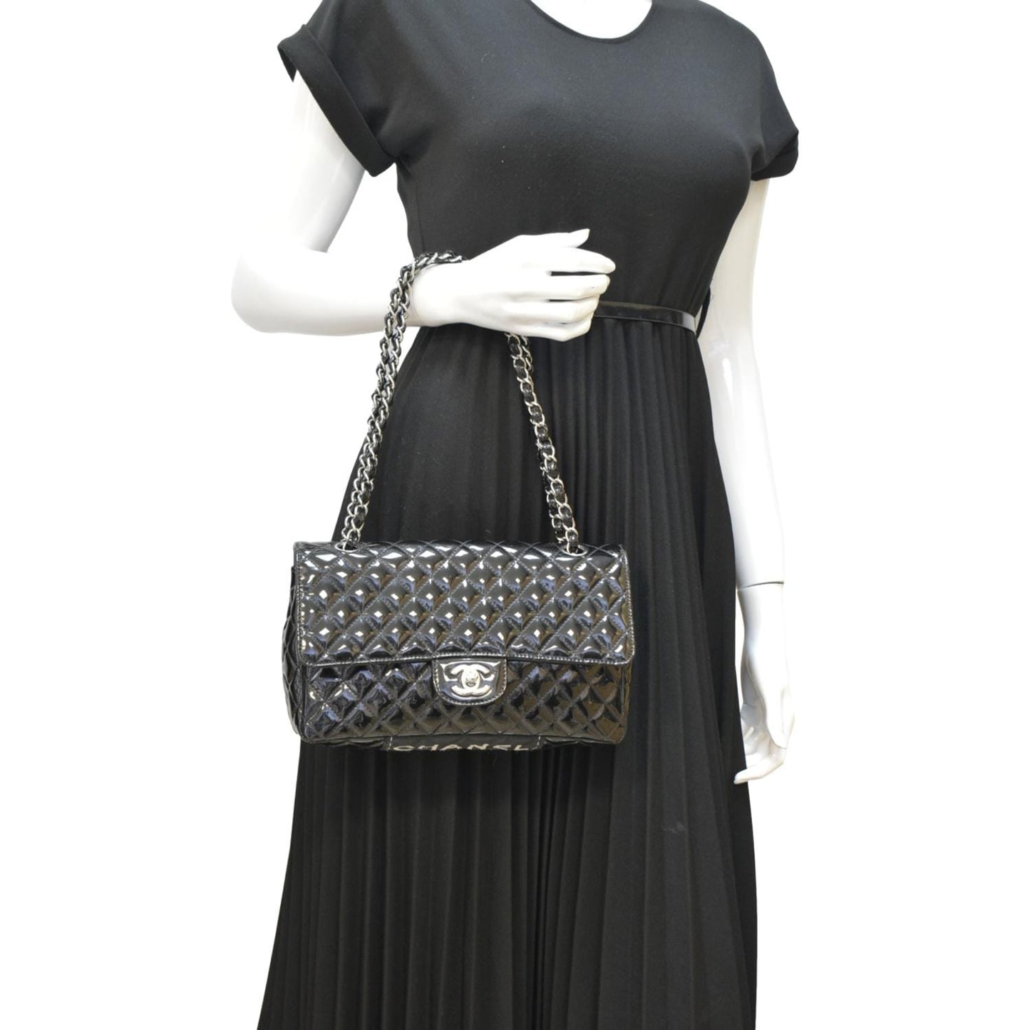 Chanel Secret Label Flap Patent Leather Black Travel Bag