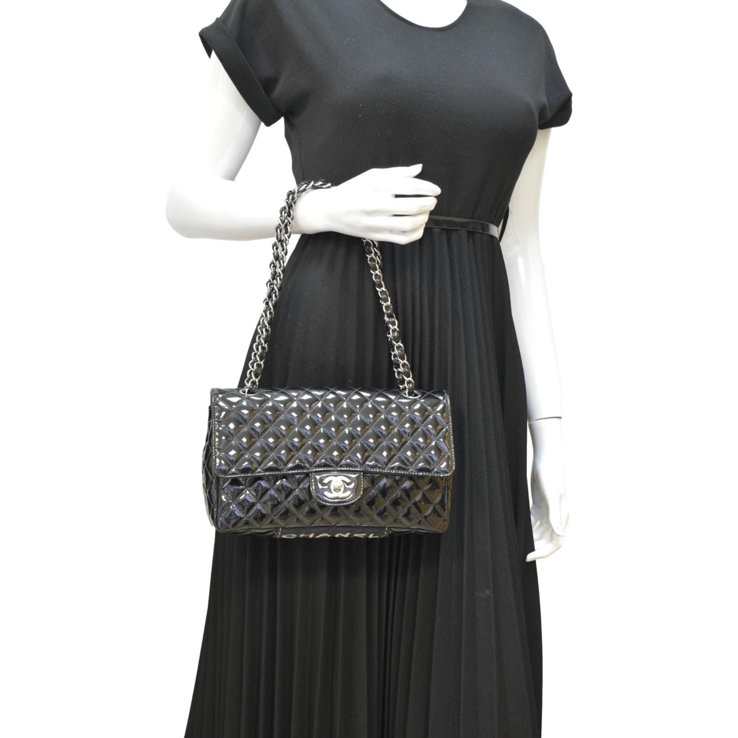 Chanel Secret Label Flap Patent Leather Black Travel Bag