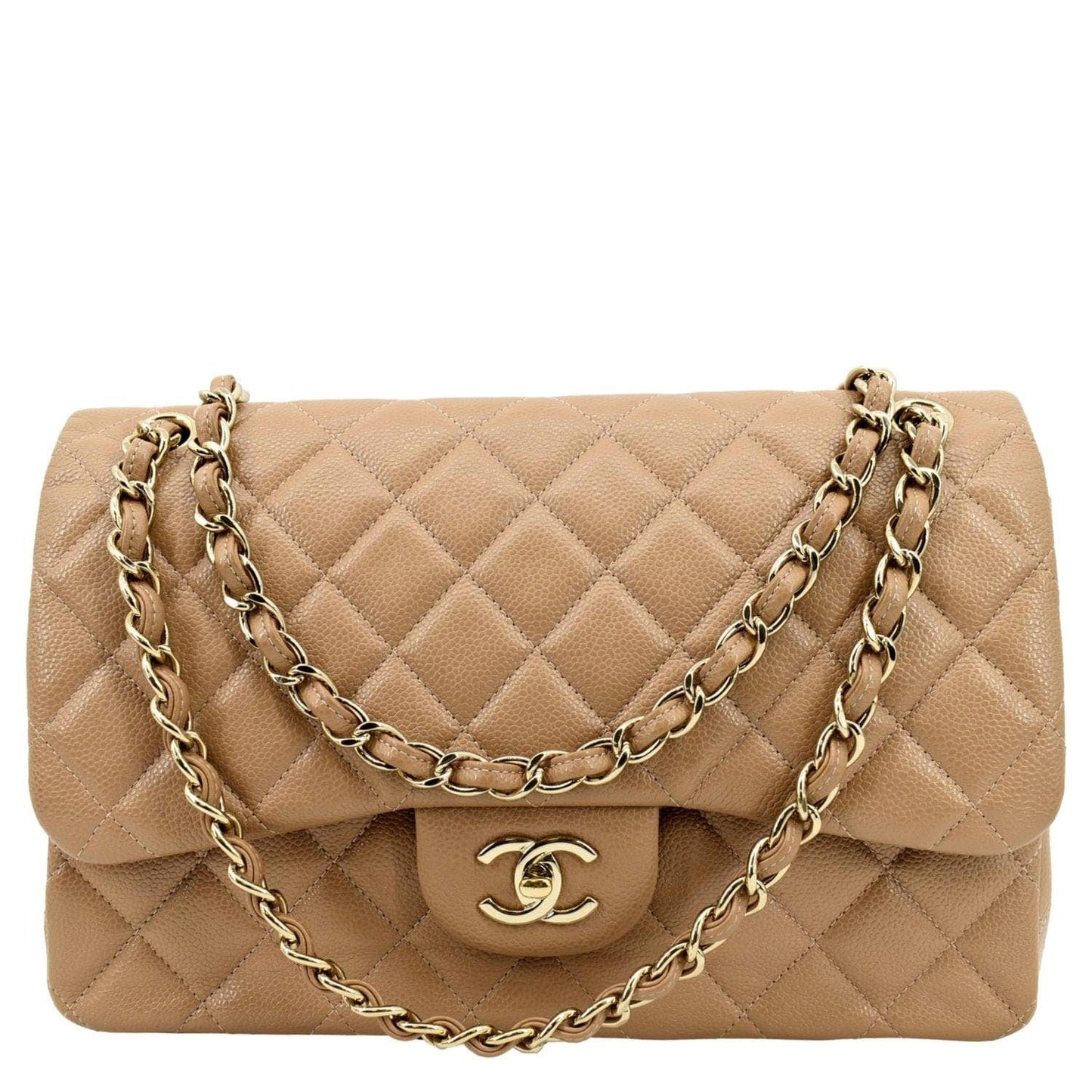 Chanel Classic Jumbo Double Flap Quilted Leather Beige Travel Bag