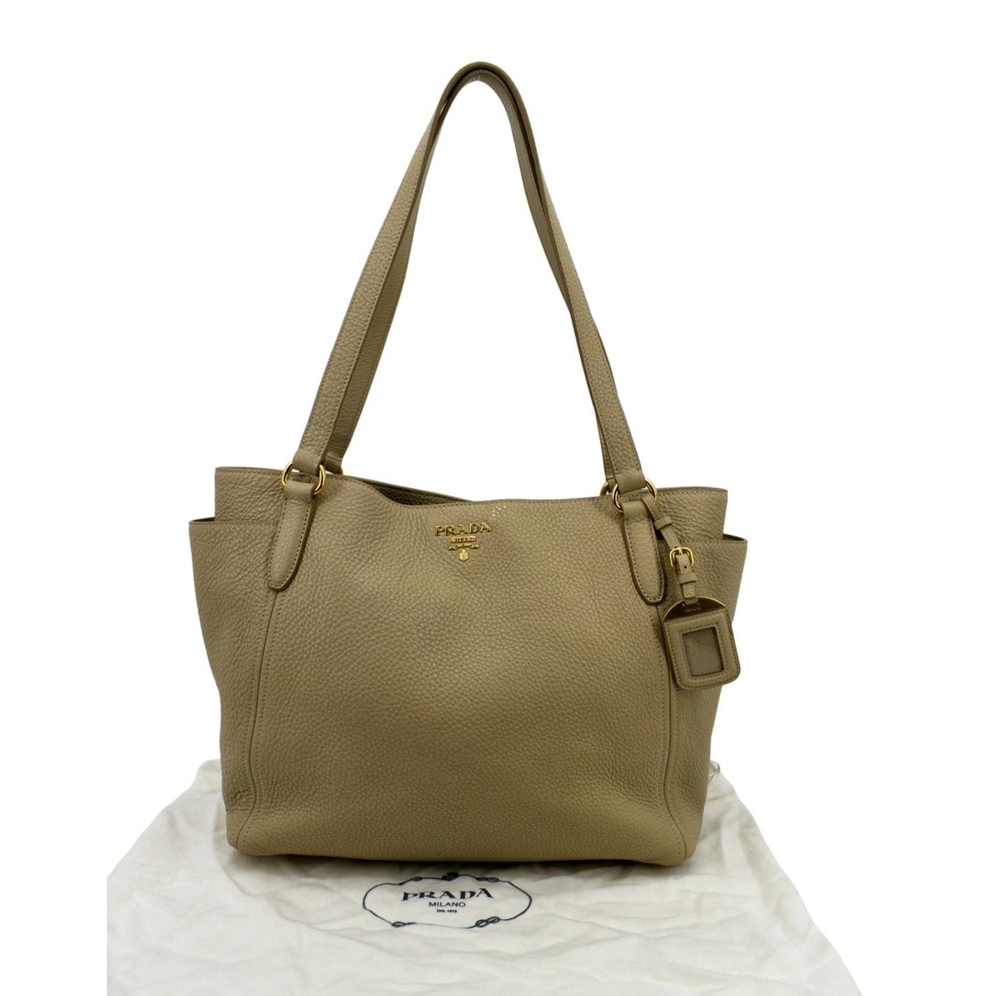 Vitello Daino Side Pocket Tote Shoulder Bag Leather Beige