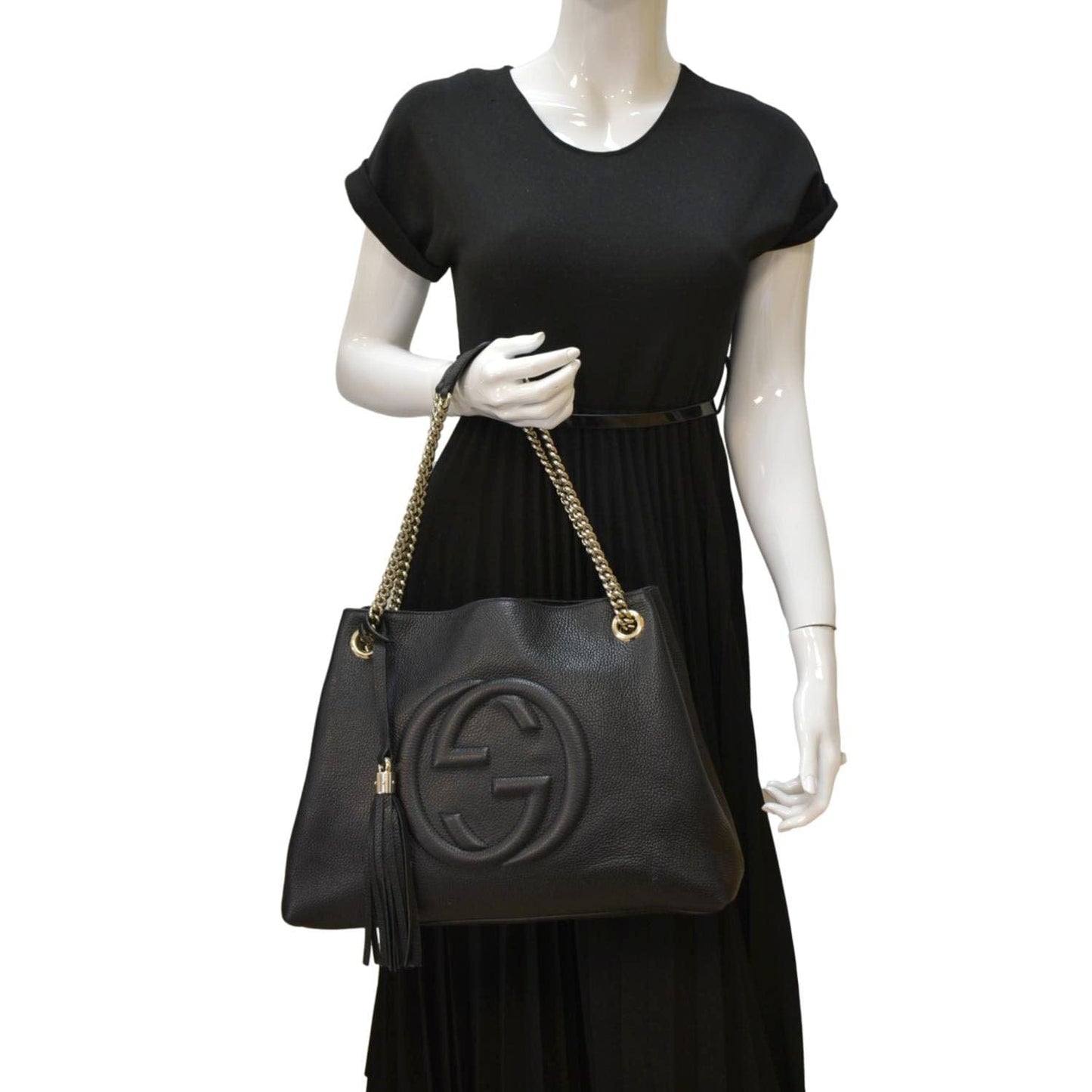 Gucci Soho Chain Pebbled Tote Bag Leather Black Shoulder Bag
