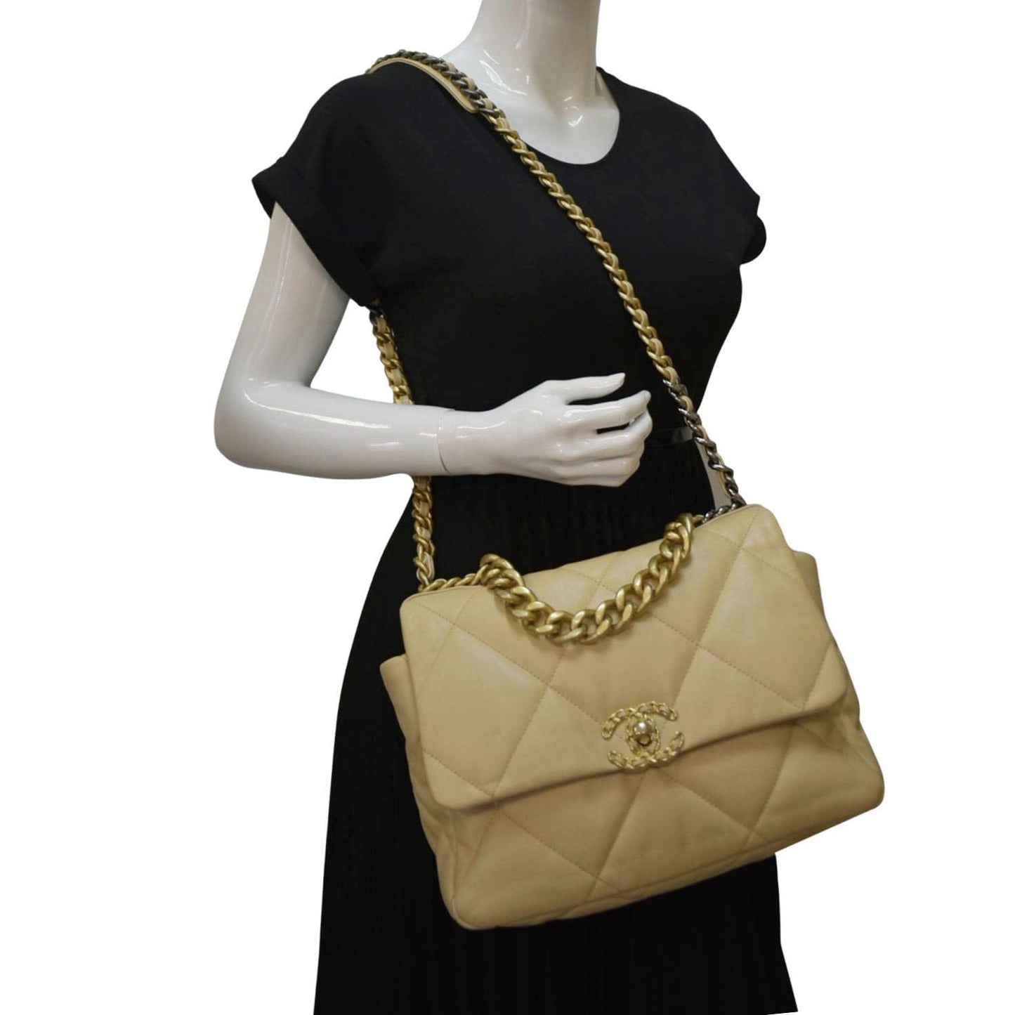 Chanel 19 Flap Quilted Leather Lambskin Beige Travel Bag