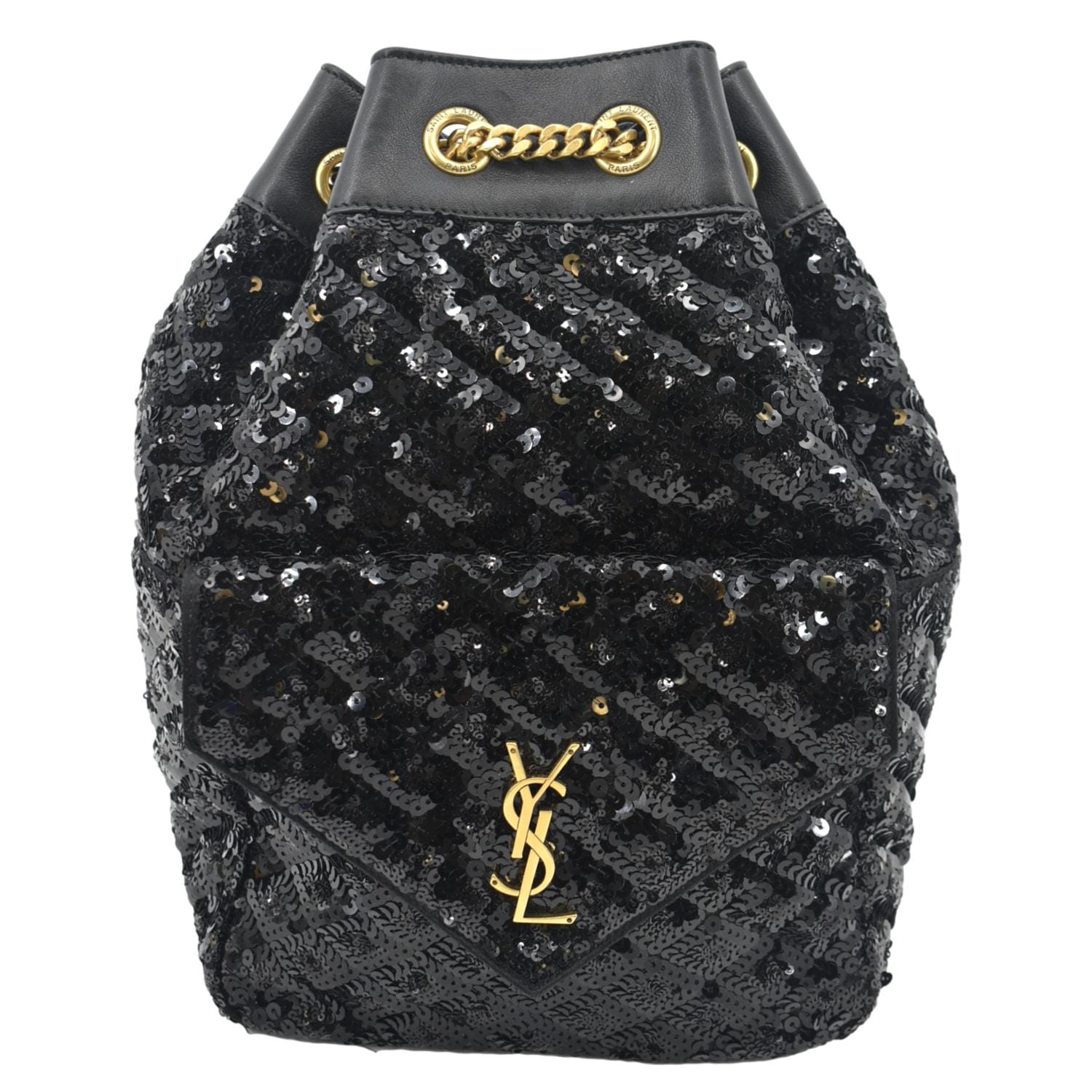 YSL Saint Laurent Yves Sequin Backpack Bag Leather Black